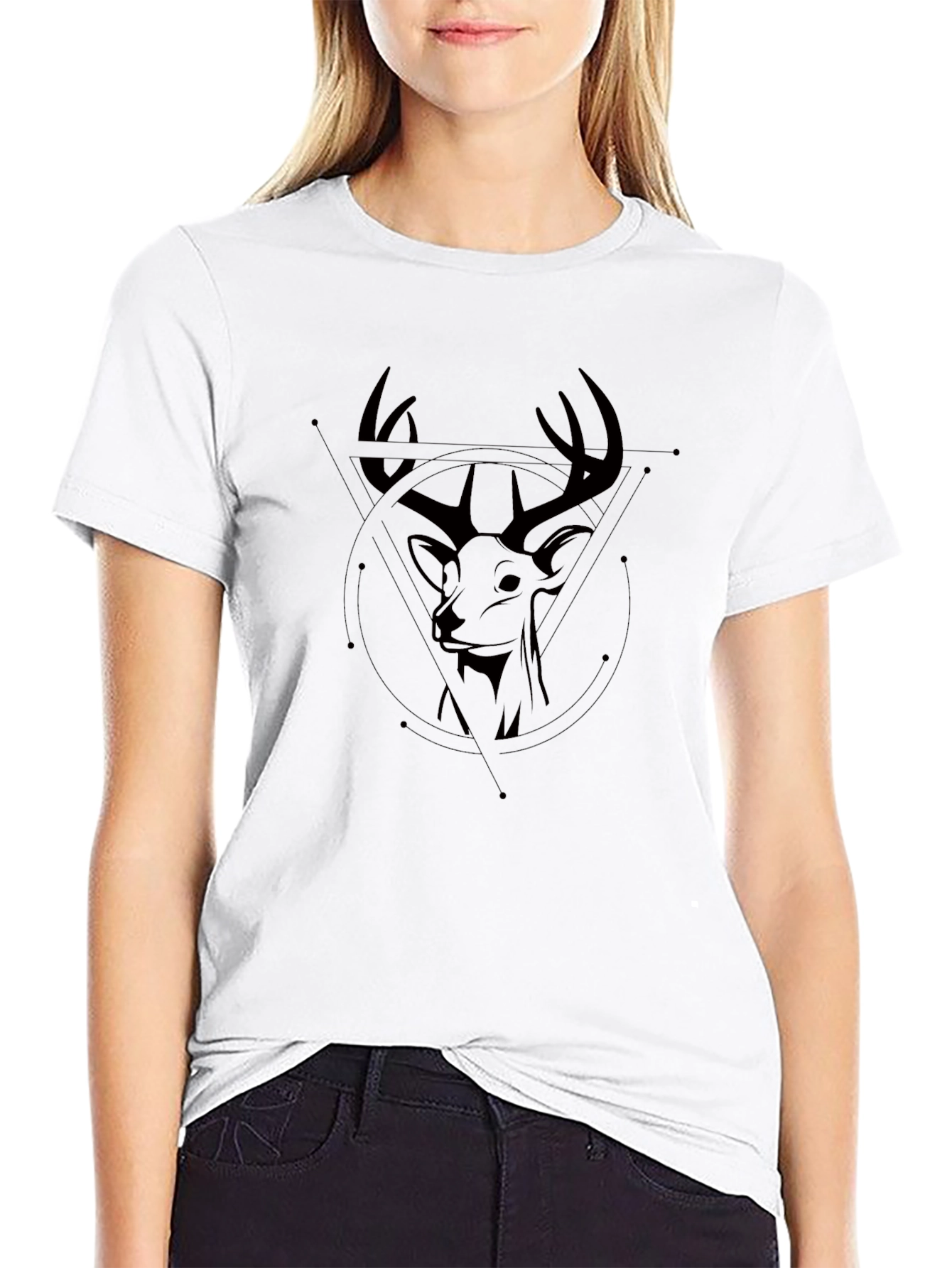 Geometric Deer Head Graphic Black T-Shirt