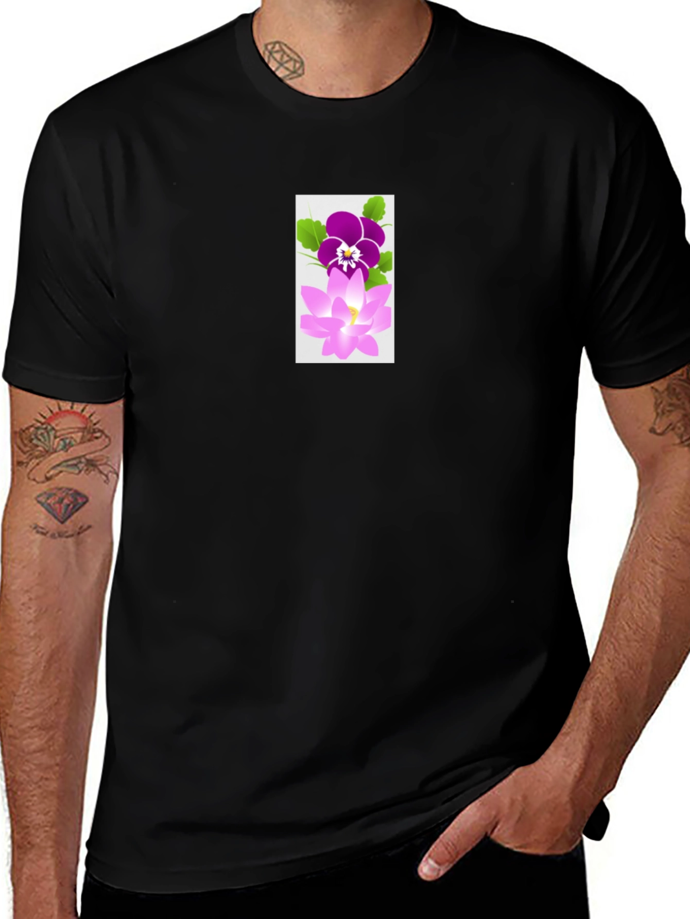 Black T-Shirt with Flower Design