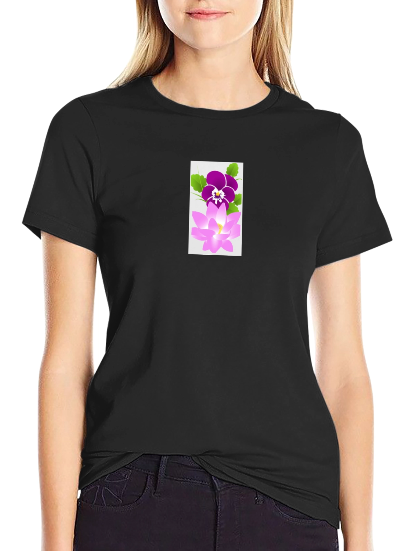 Black T-Shirt with Flower Design