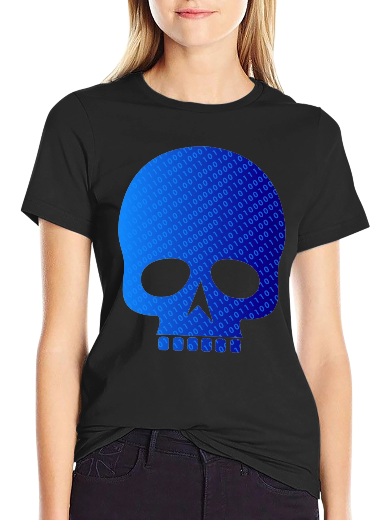 Binary Code Skull Graphic T-Shirt - Black