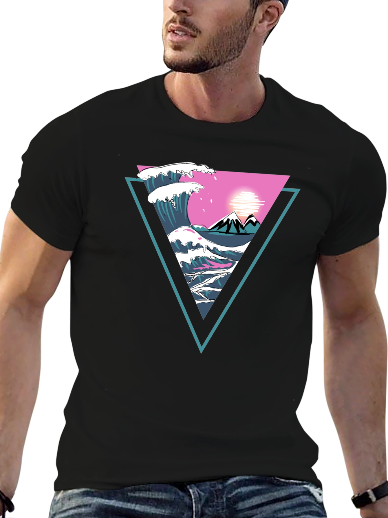 Triangle Wave Graphic Tee - Black Cotton T-Shirt