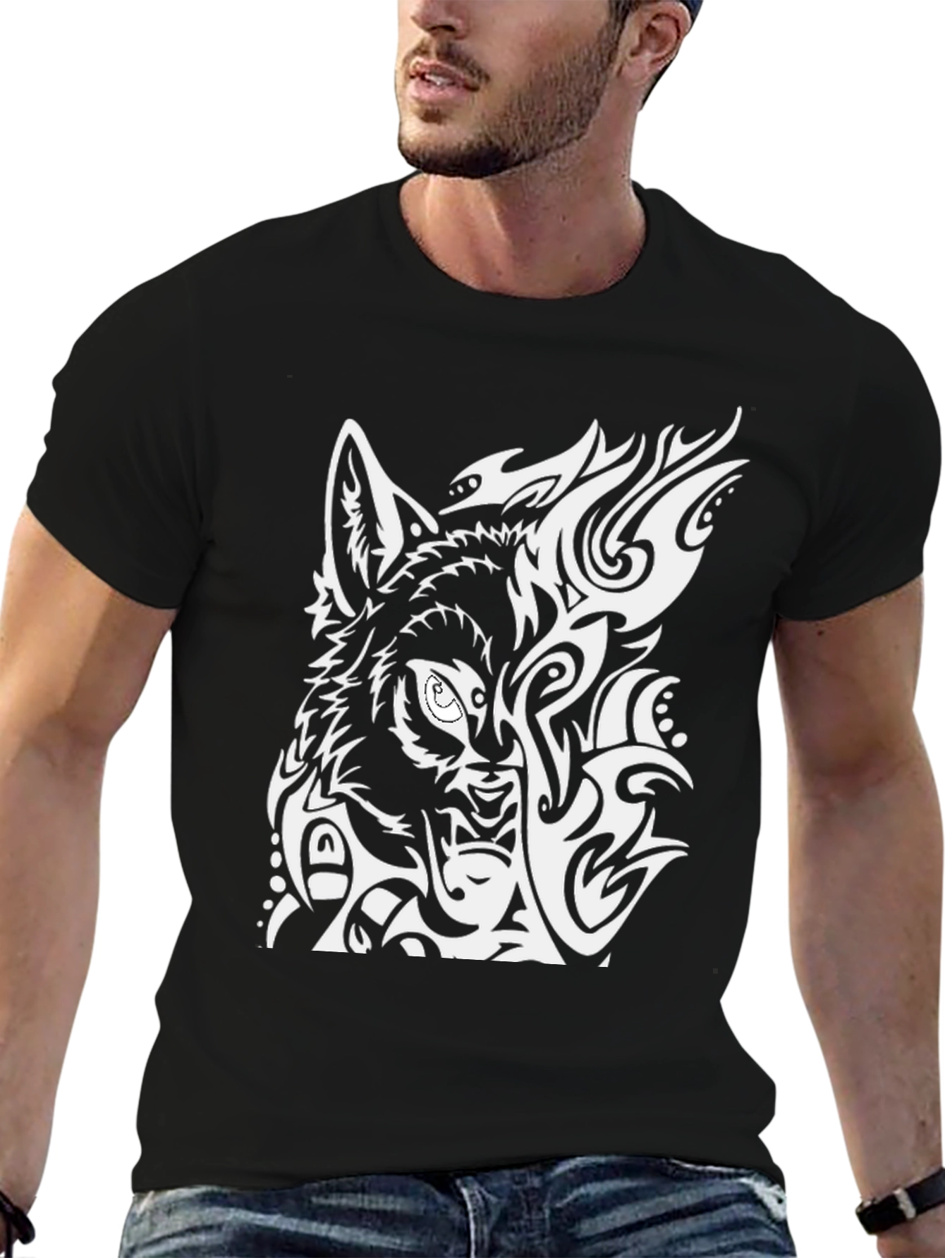 Wolf Tribal Design Black T-Shirt
