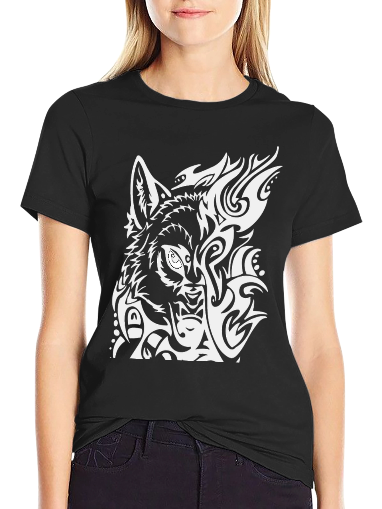 Wolf Tribal Design Black T-Shirt