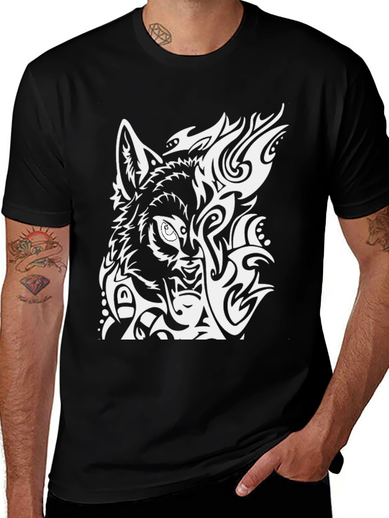 Wolf Tribal Design Black T-Shirt