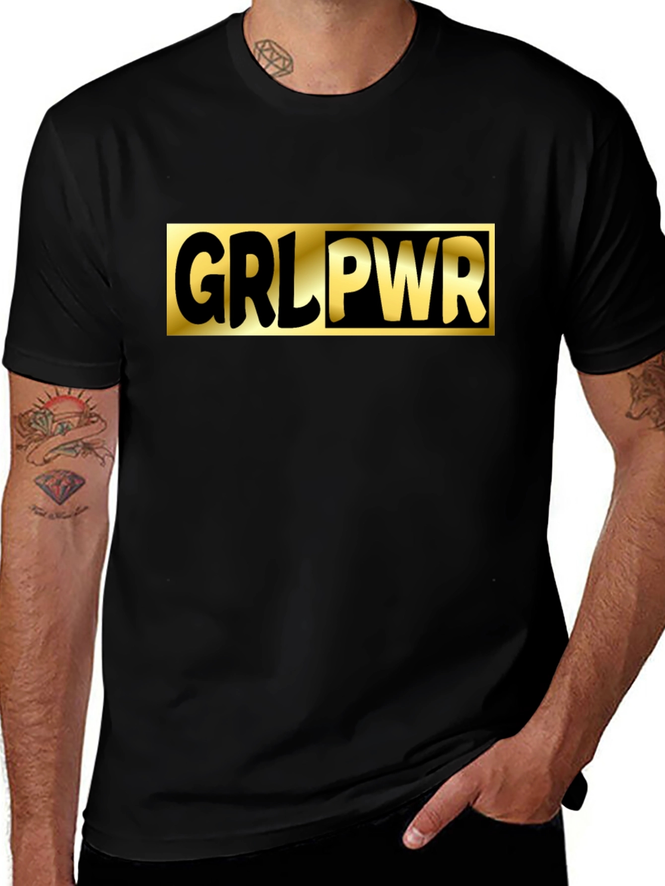 GRL PWR Black T-Shirt - Gold Graphic Print