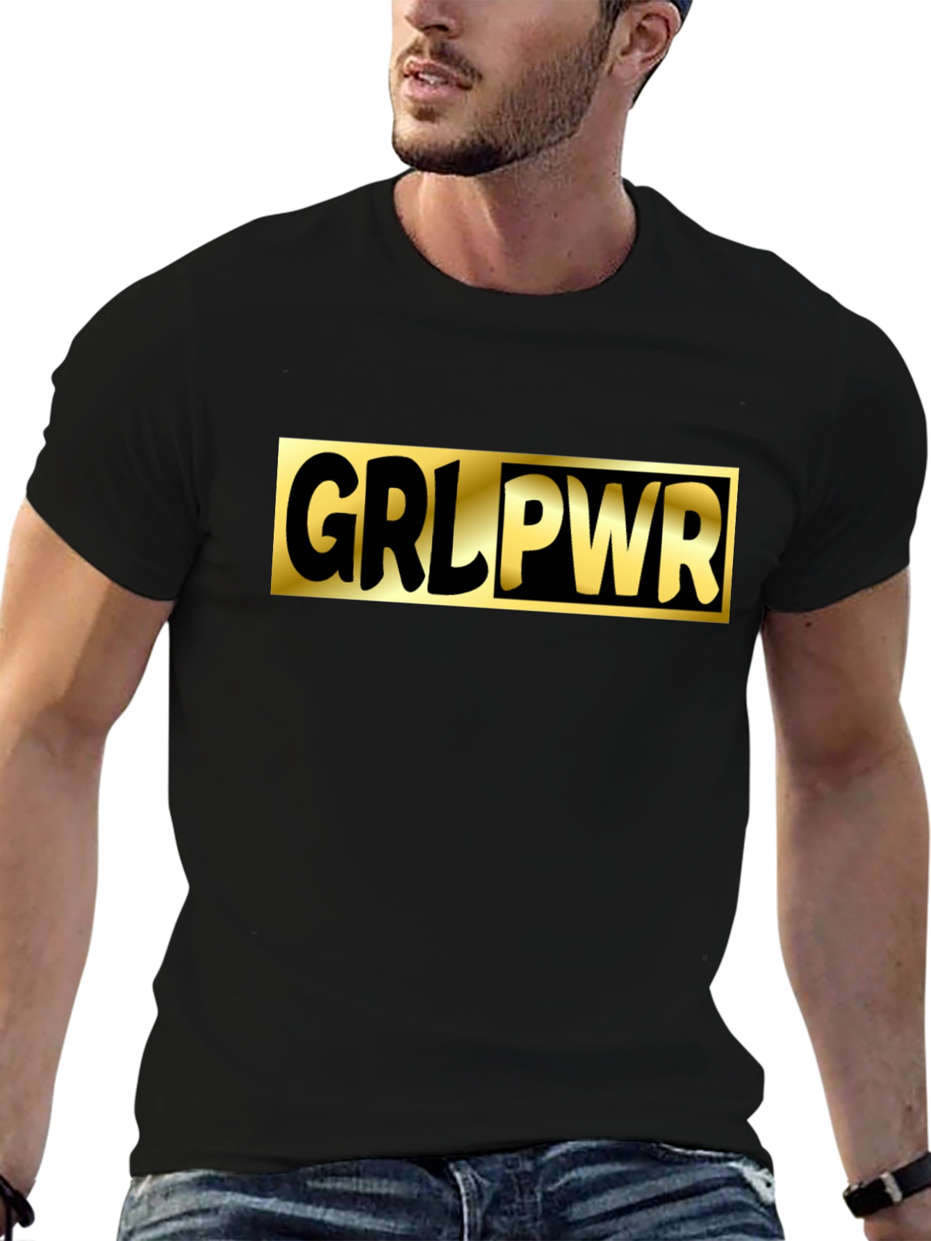 GRL PWR Black T-Shirt - Gold Graphic Print