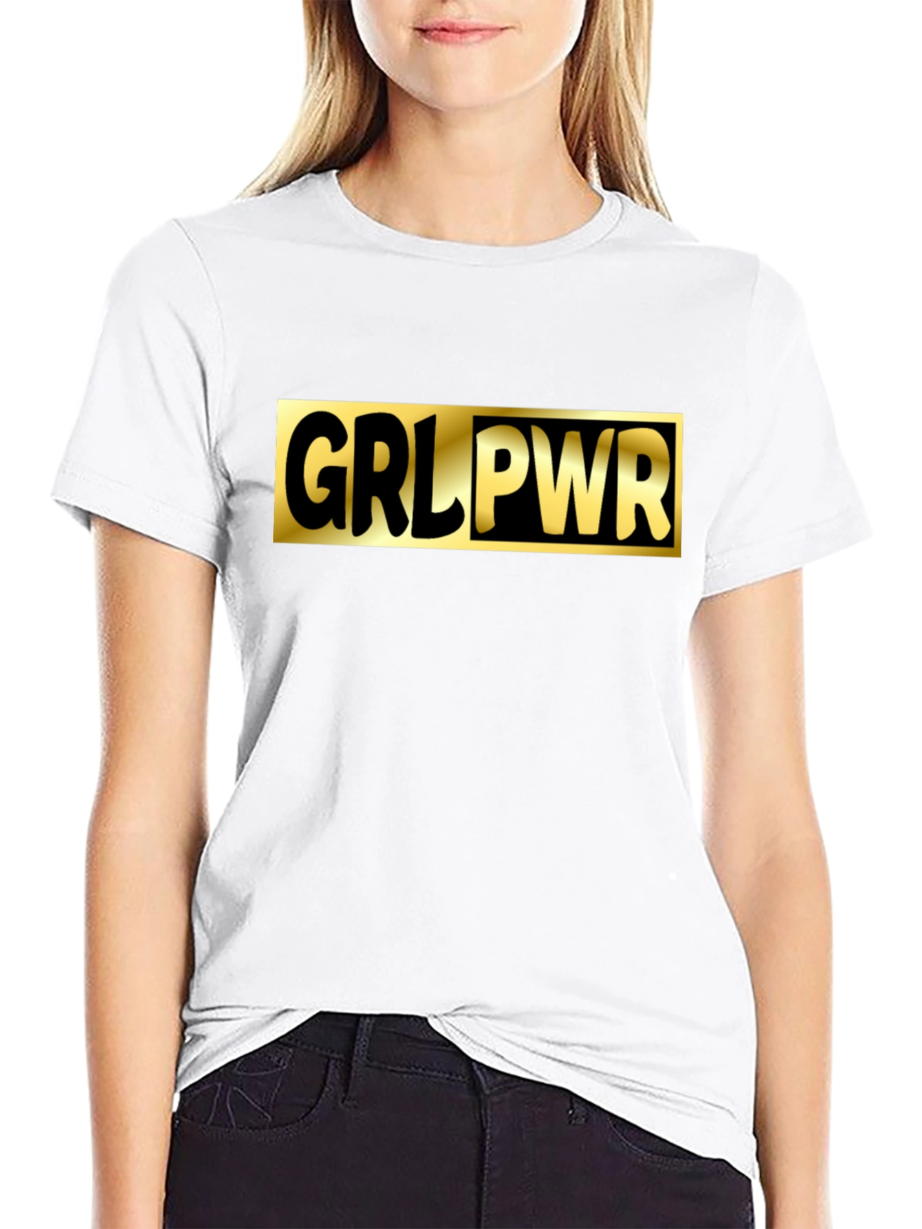 GRL PWR Black T-Shirt - Gold Graphic Print