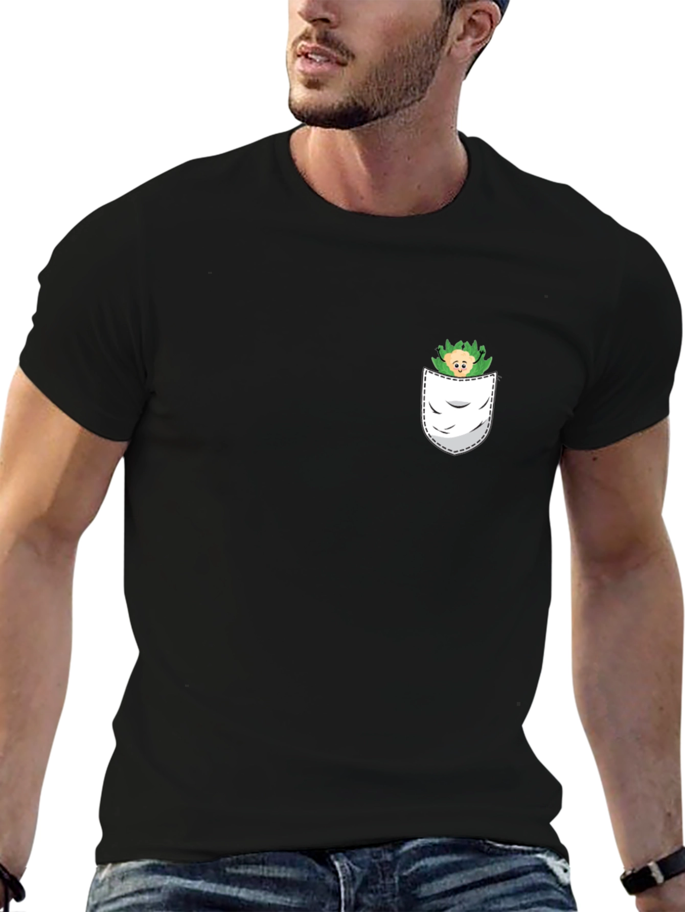 Mens Black T-Shirt with Pocket Monster Graphic