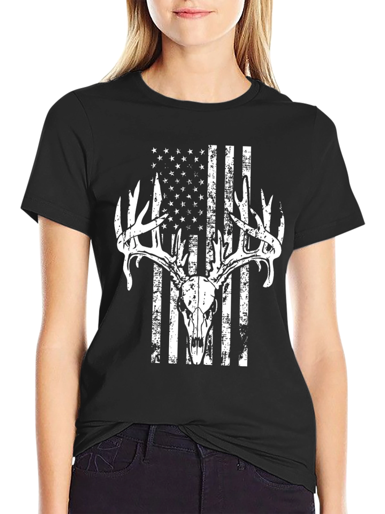 American Flag Deer Skull Graphic Tee - Hunting Apparel