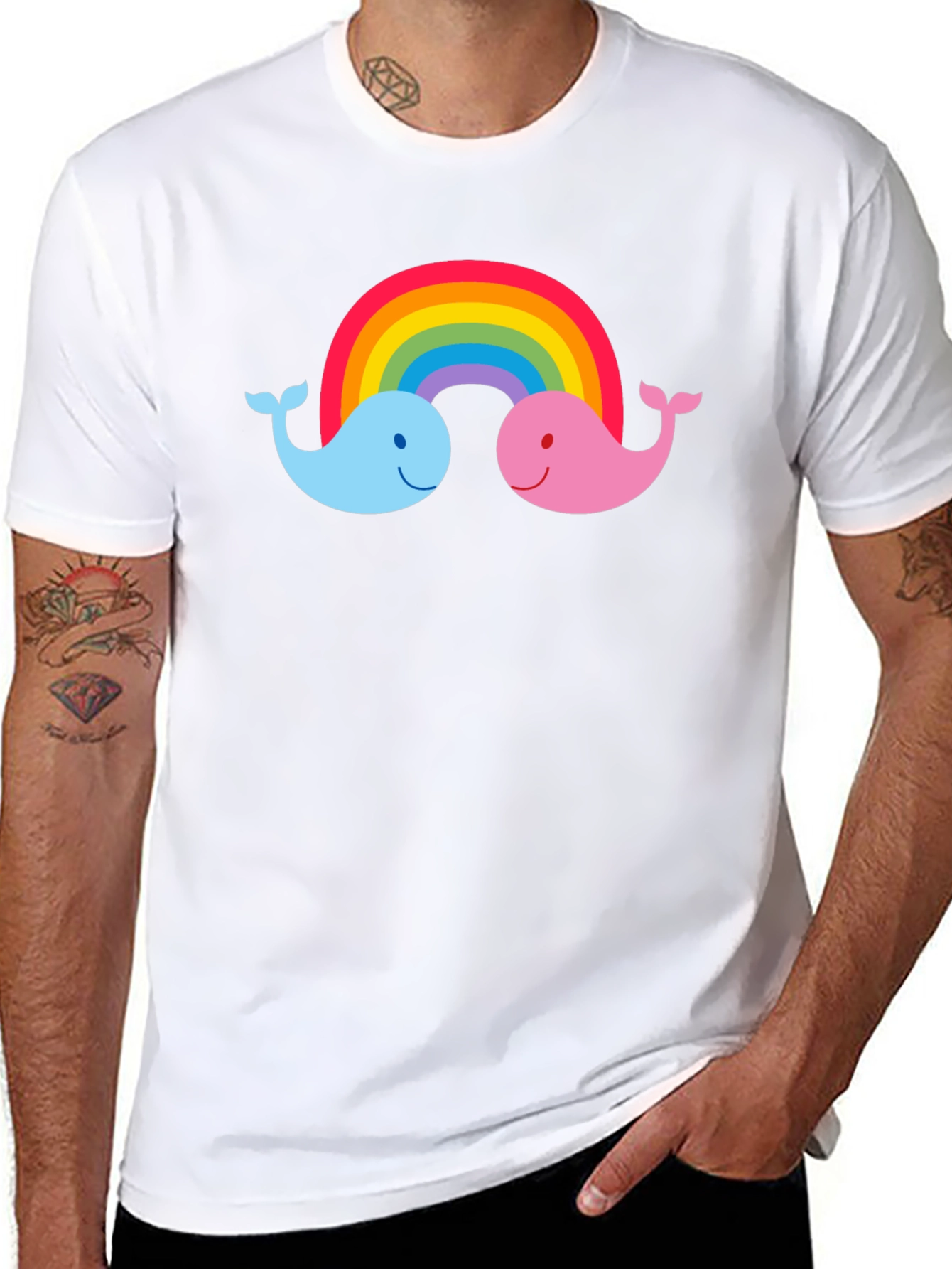 Rainbow Whale Graphic Tee - Black Cotton T-Shirt