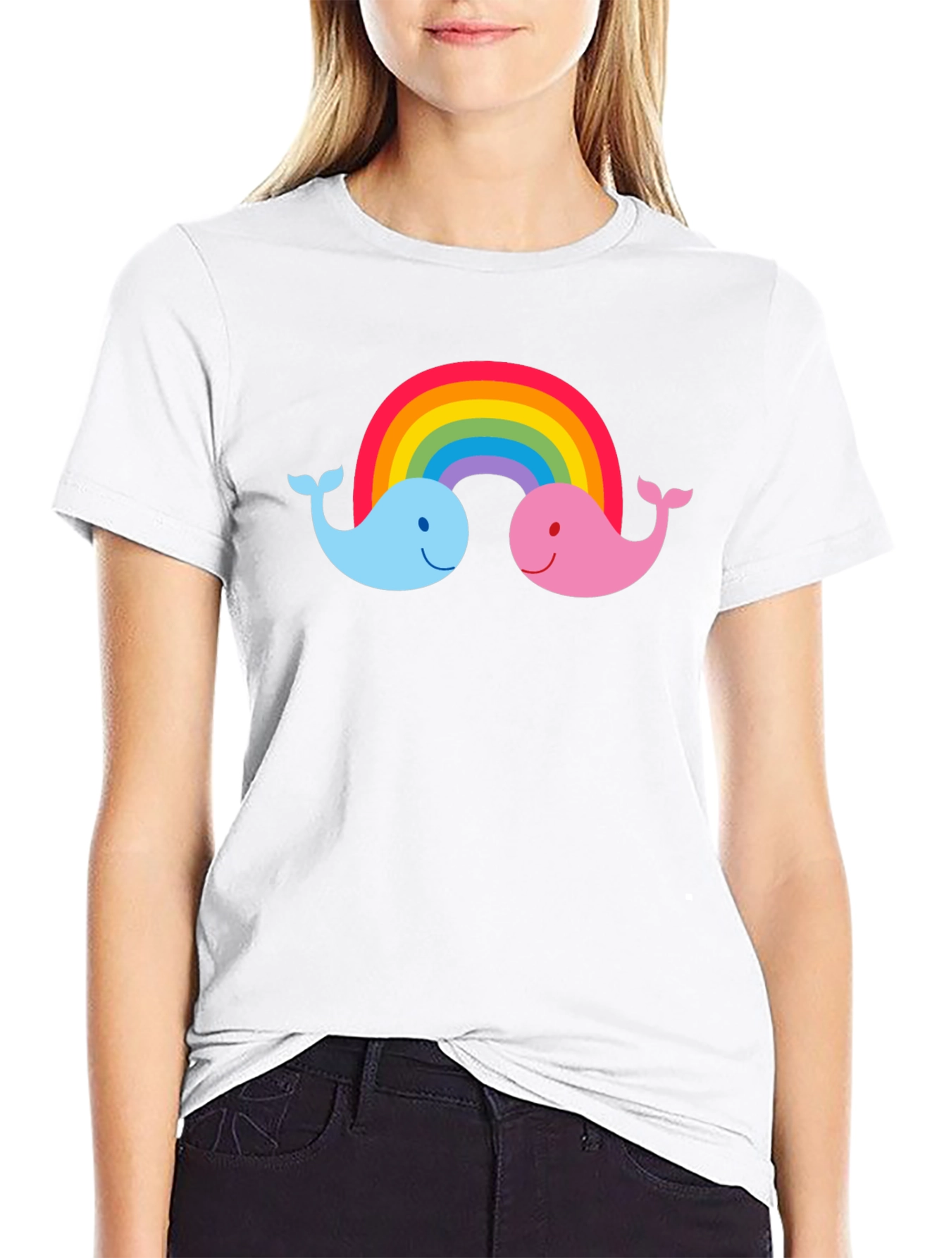 Rainbow Whale Graphic Tee - Black Cotton T-Shirt
