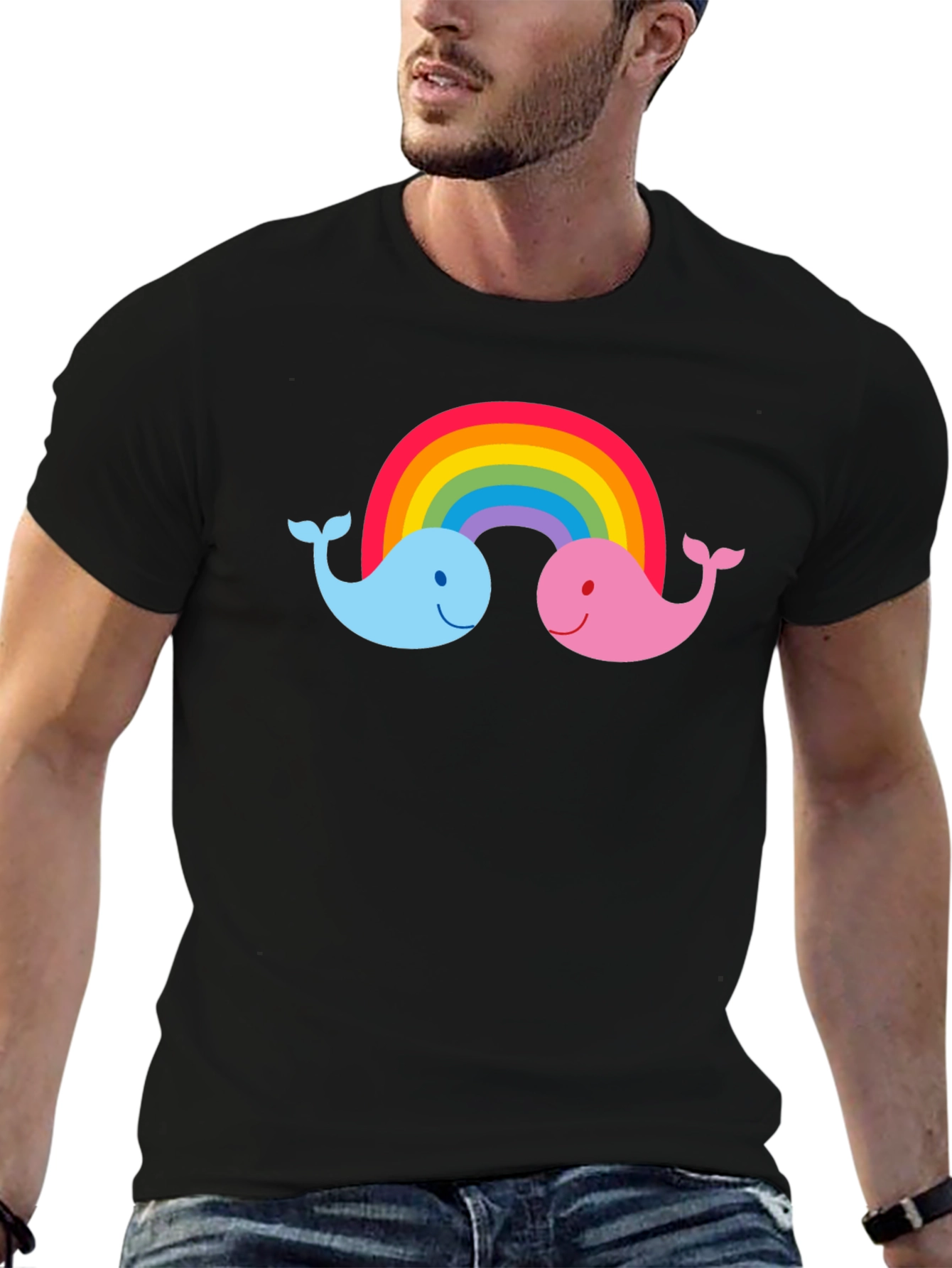 Rainbow Whale Graphic Tee - Black Cotton T-Shirt