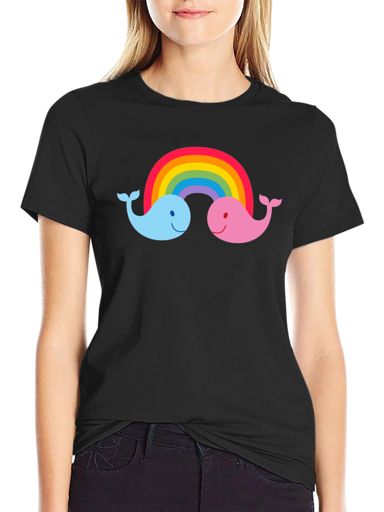 Rainbow Whale Graphic Tee - Black Cotton T-Shirt