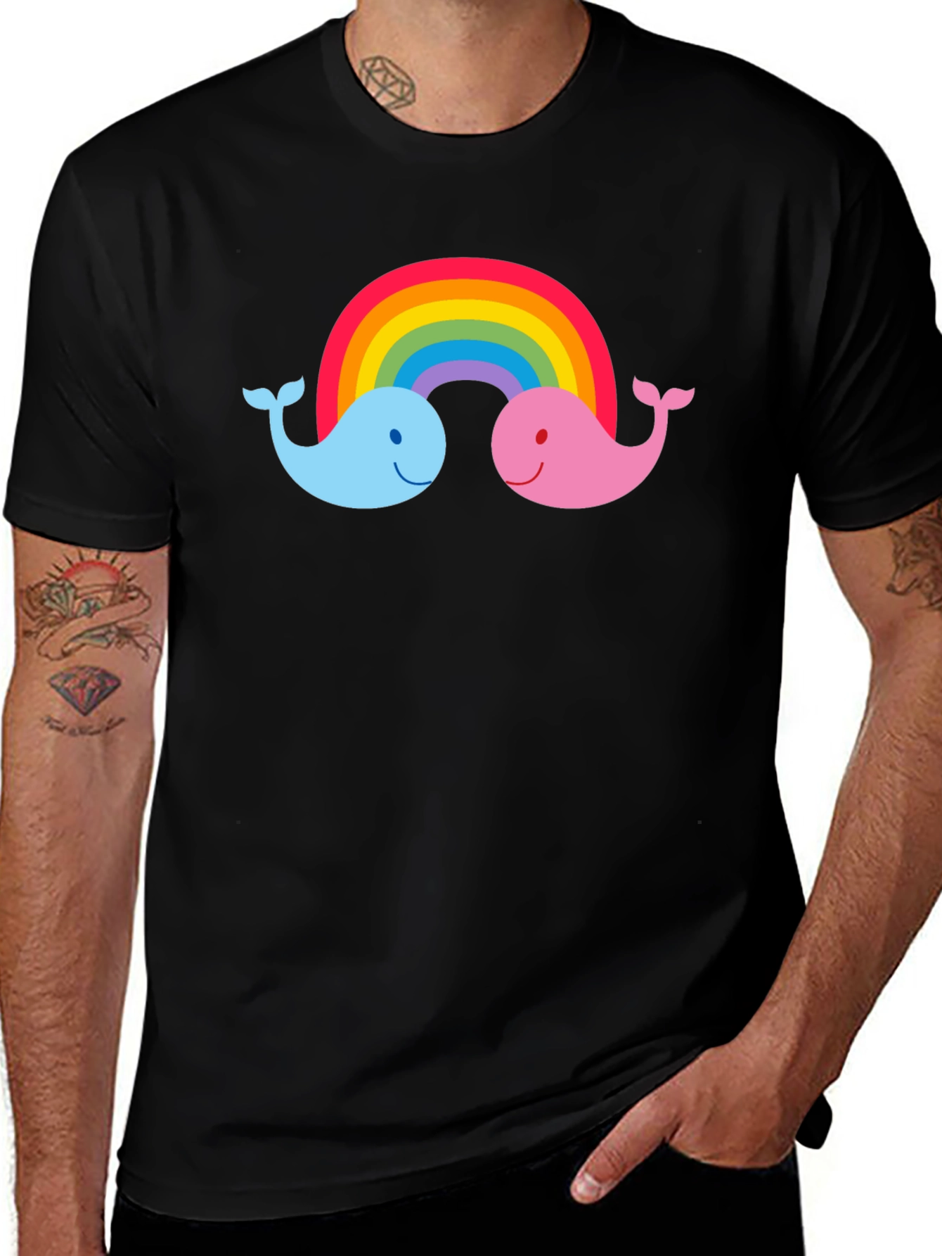 Rainbow Whale Graphic Tee - Black Cotton T-Shirt