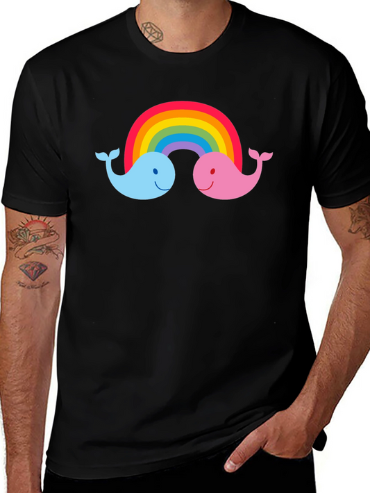 Rainbow Whale Graphic Tee - Black Cotton T-Shirt
