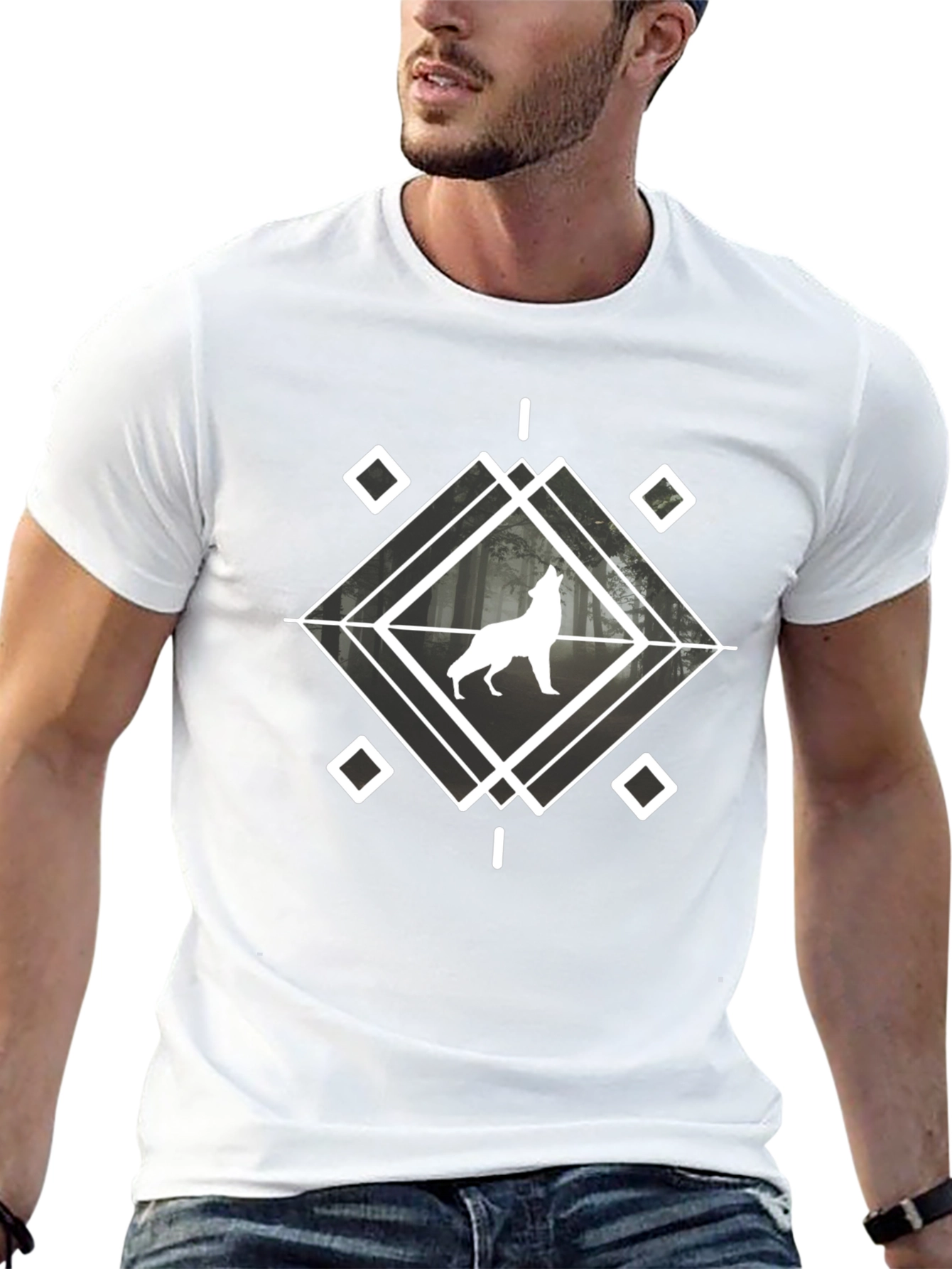 Geometric Wolf Graphic T-Shirt - Black