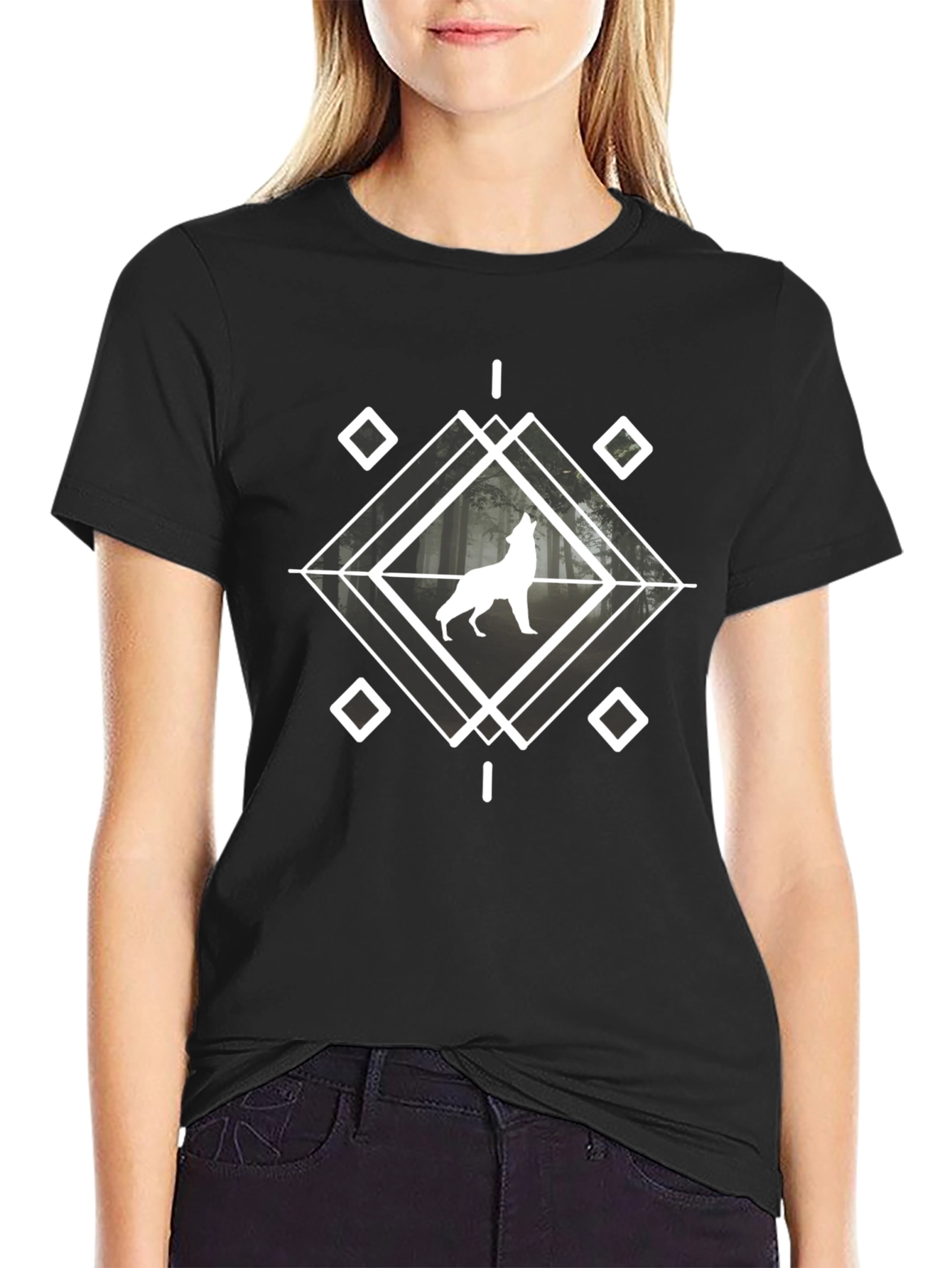 Geometric Wolf Graphic T-Shirt - Black