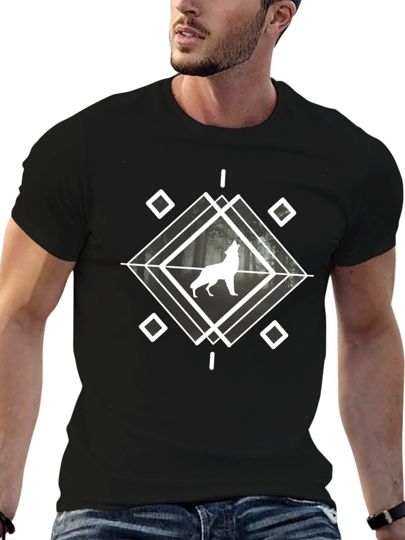 Geometric Wolf Graphic T-Shirt - Black
