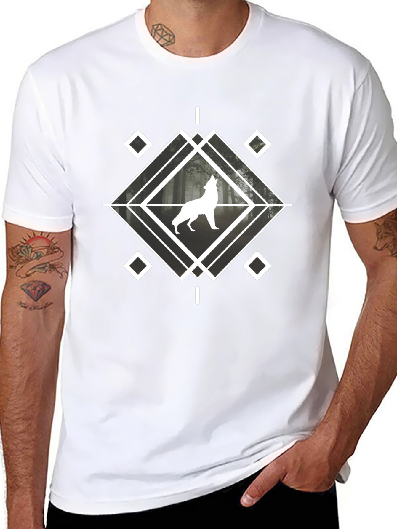 Geometric Wolf Graphic T-Shirt - Black