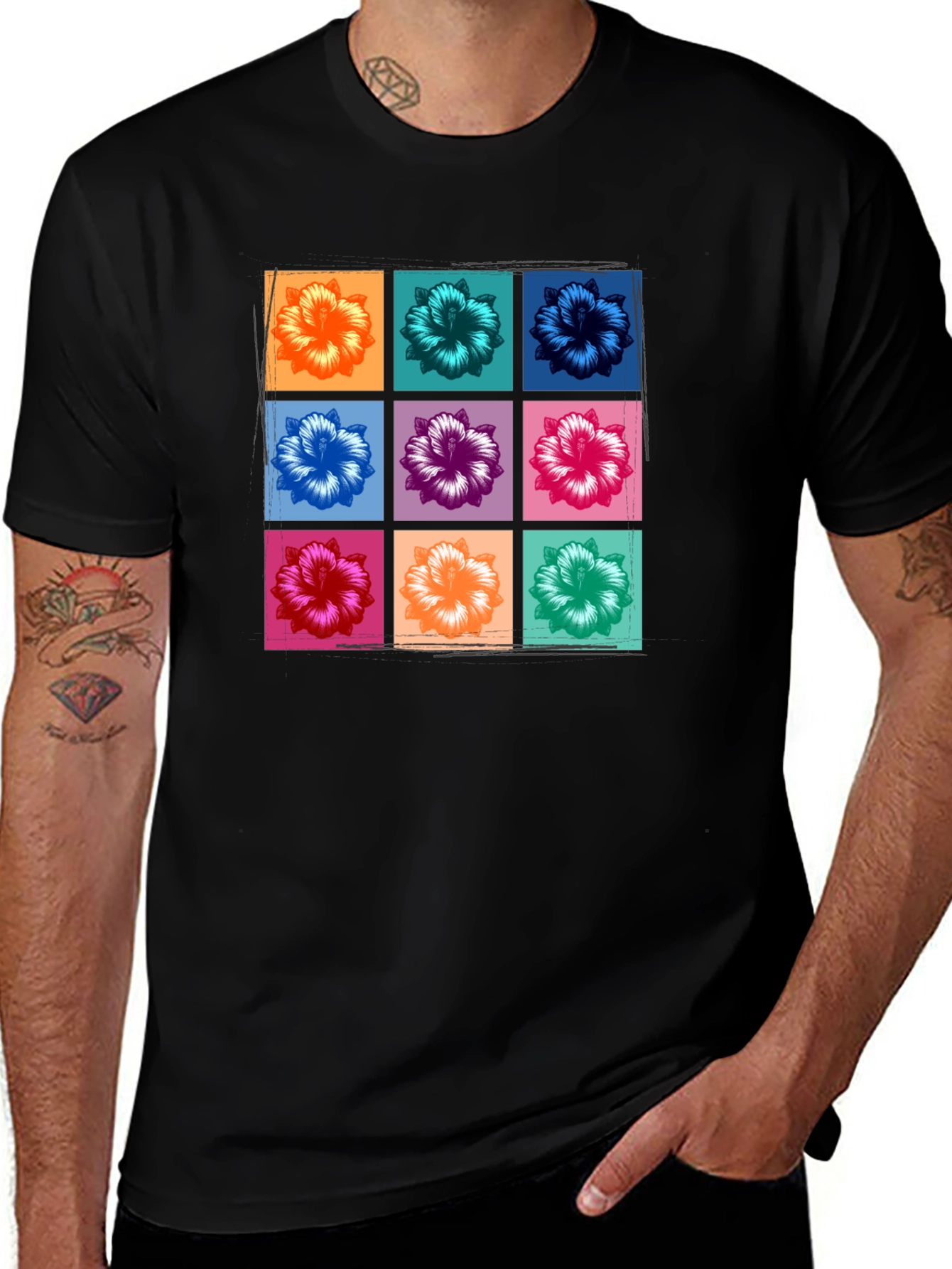 Floral Grid Graphic Tee - Black Casual T-Shirt