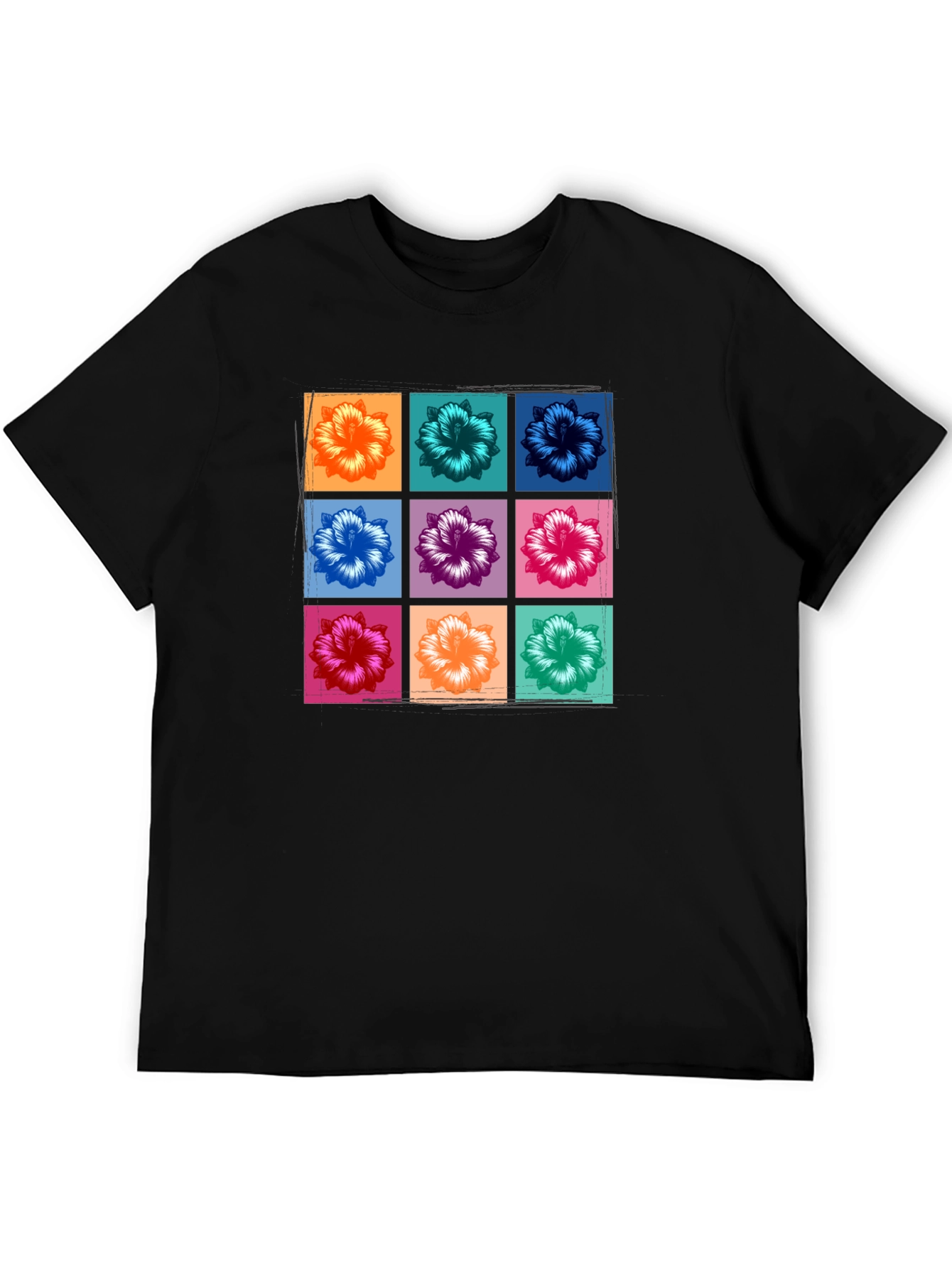 Floral Grid Graphic Tee - Black Casual T-Shirt