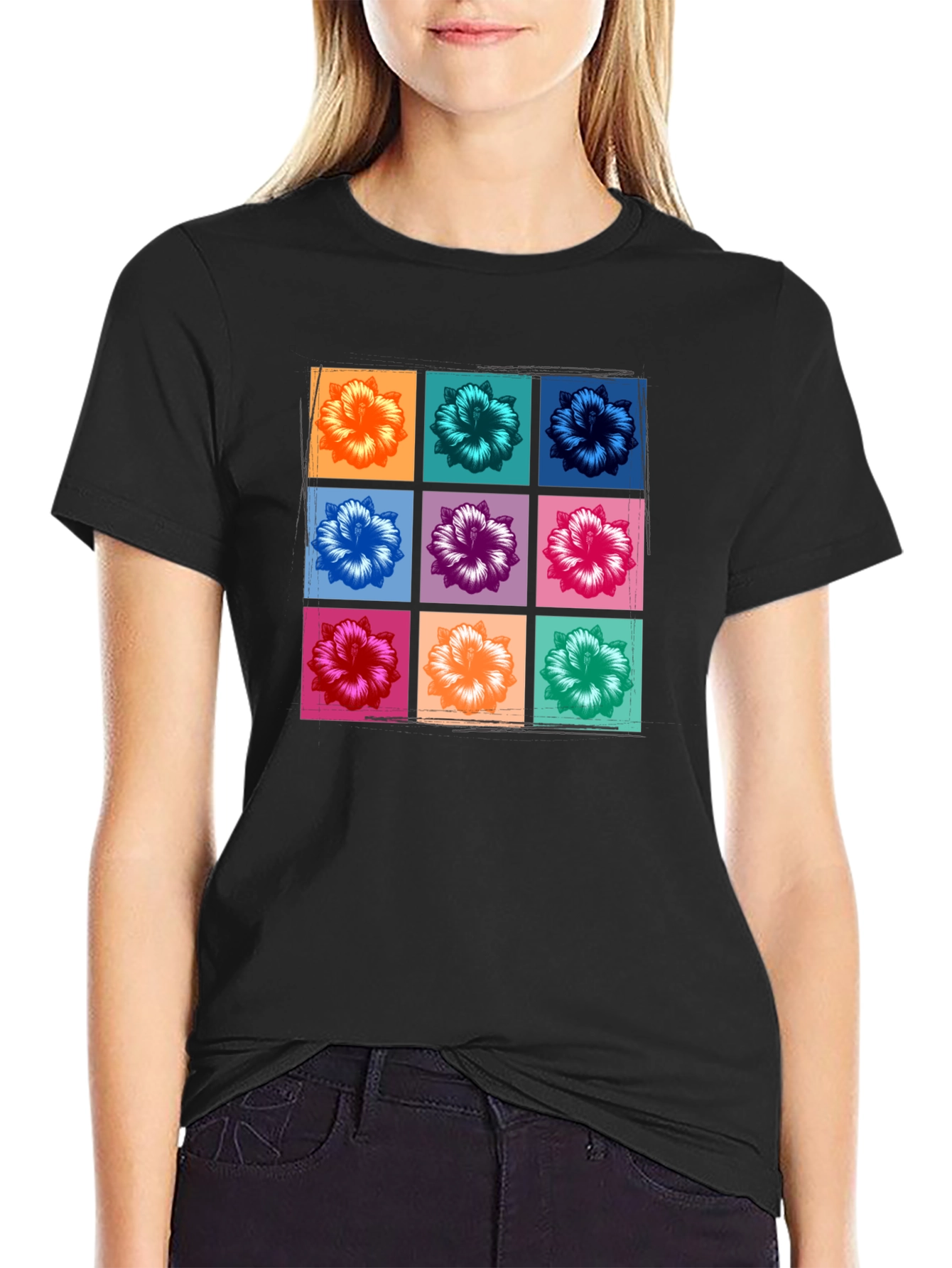 Floral Grid Graphic Tee - Black Casual T-Shirt