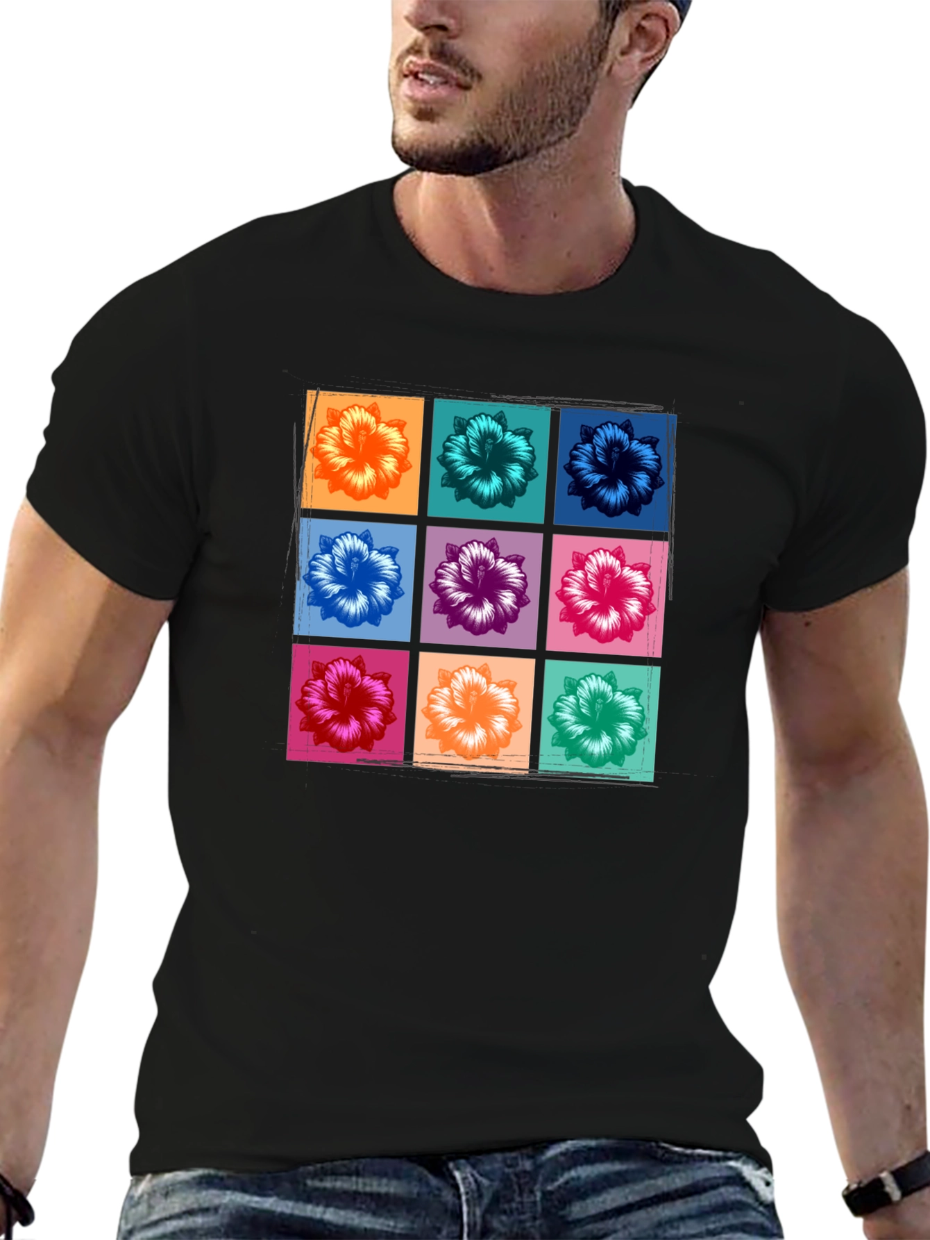 Floral Grid Graphic Tee - Black Casual T-Shirt