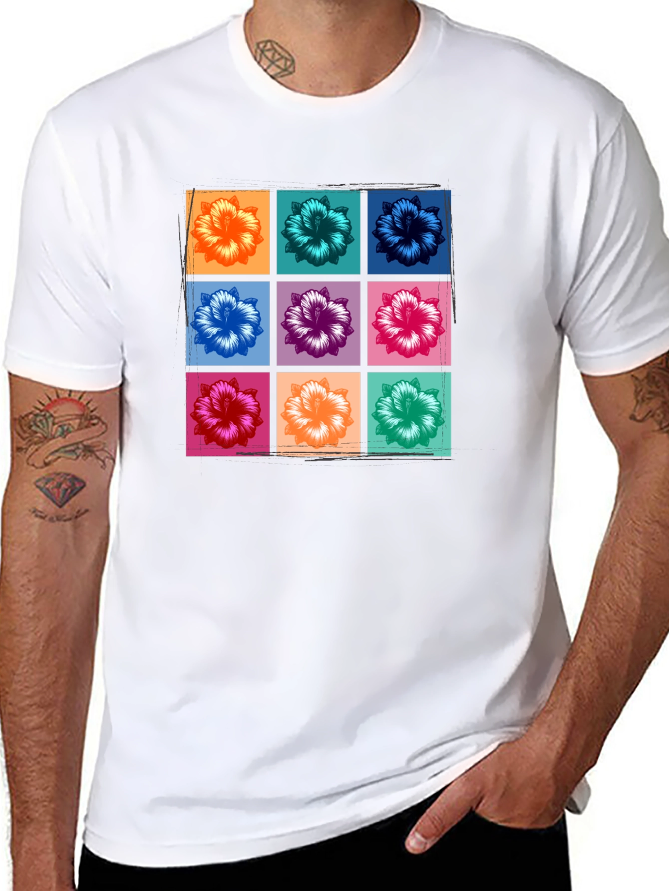 Floral Grid Graphic Tee - Black Casual T-Shirt