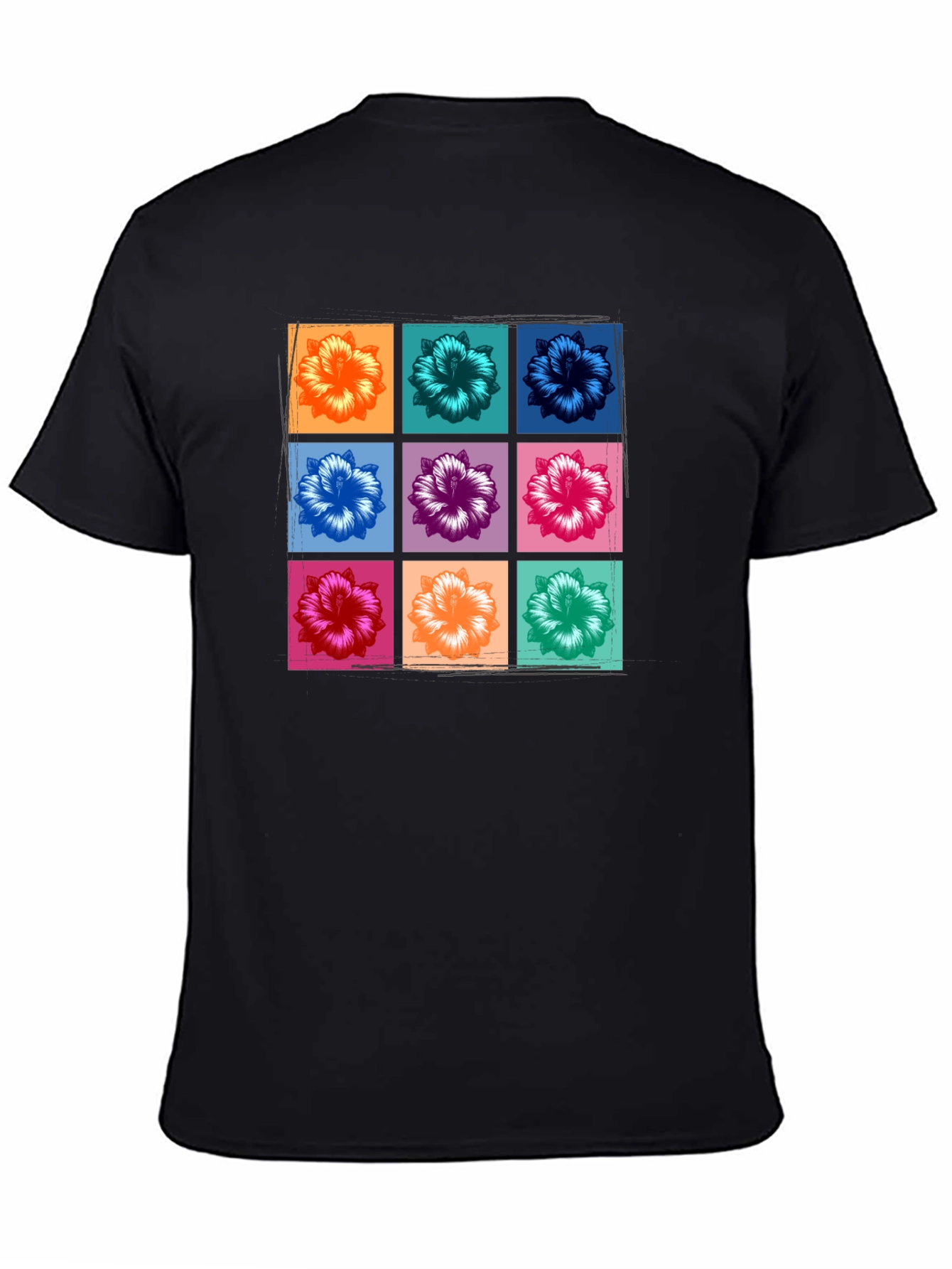 Floral Grid Graphic Tee - Black Casual T-Shirt