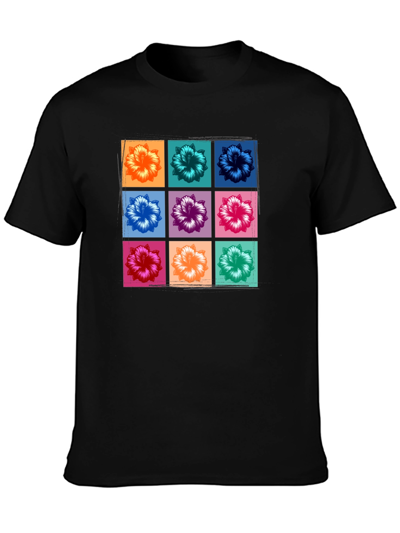 Floral Grid Graphic Tee - Black Casual T-Shirt