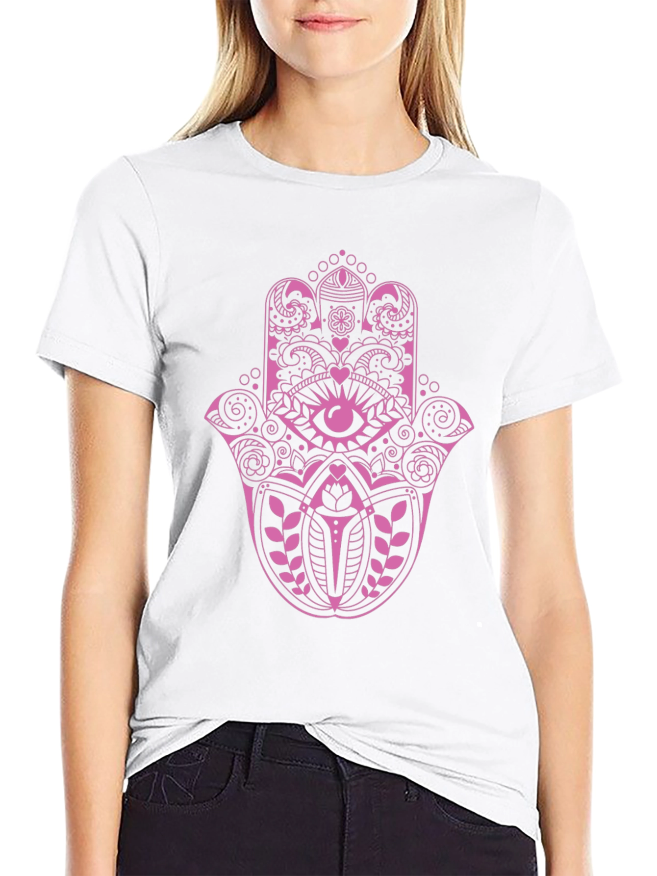 Hamsa Hand Graphic Tee - Pink on Black