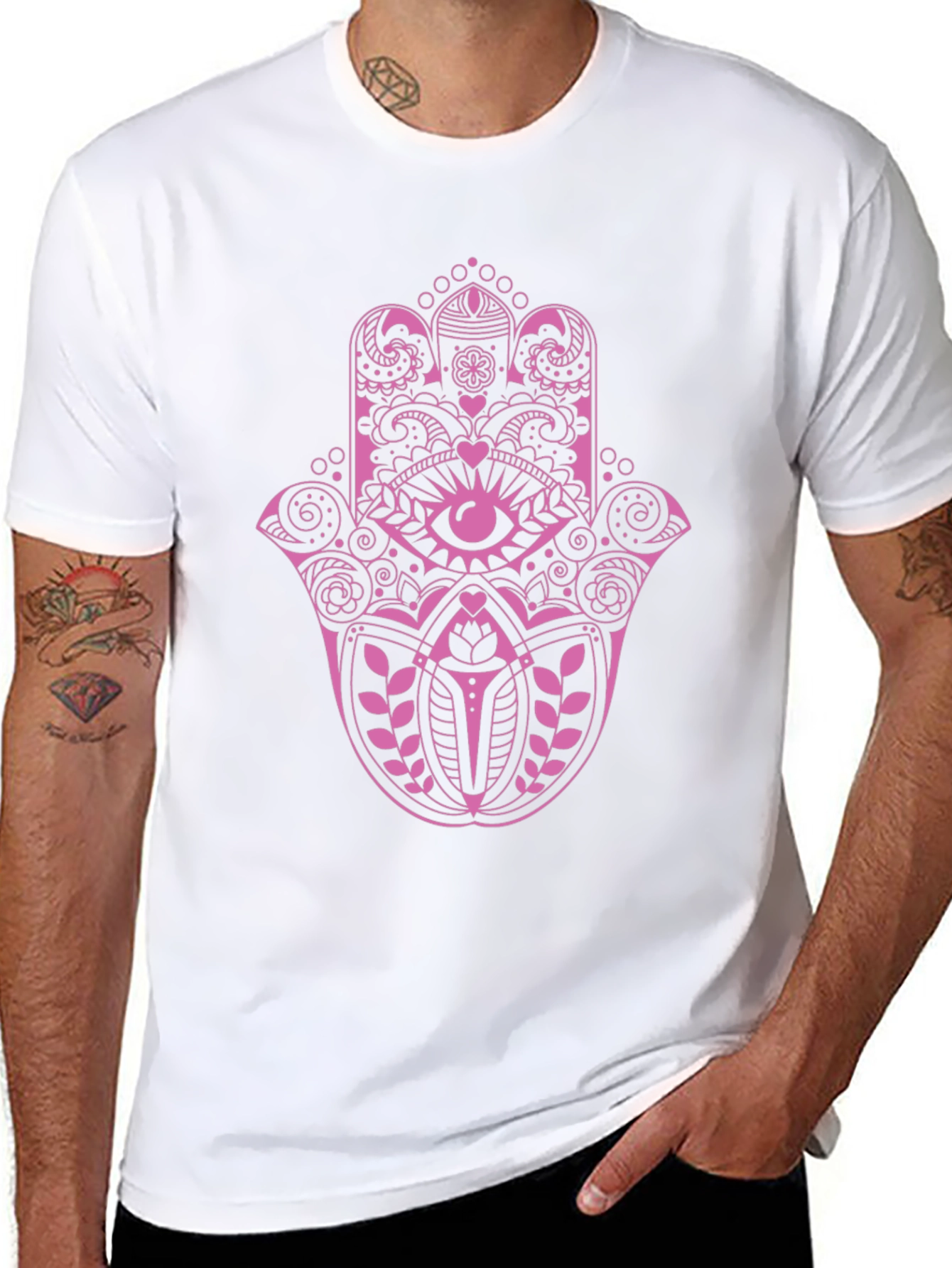 Hamsa Hand Graphic Tee - Pink on Black