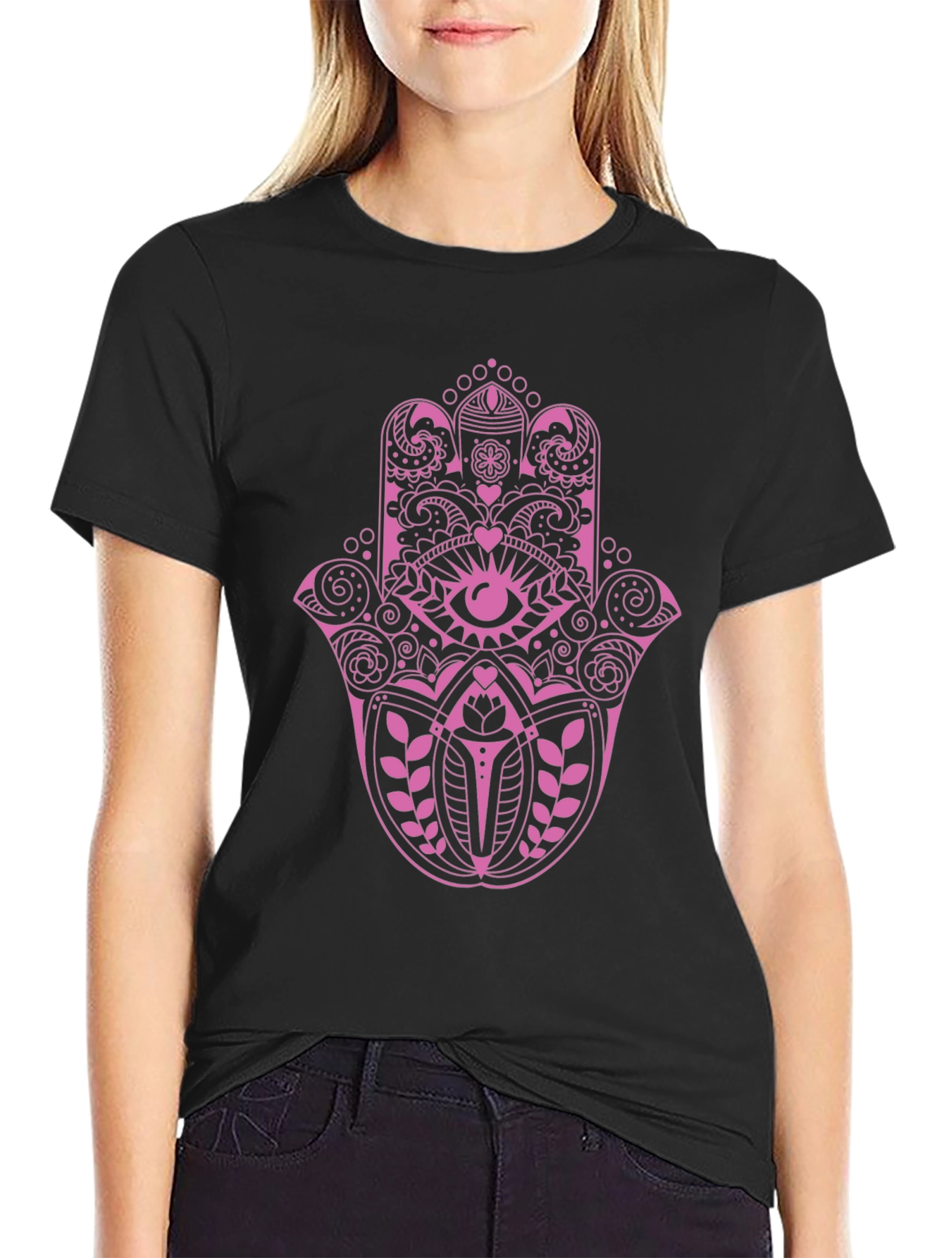 Hamsa Hand Graphic Tee - Pink on Black