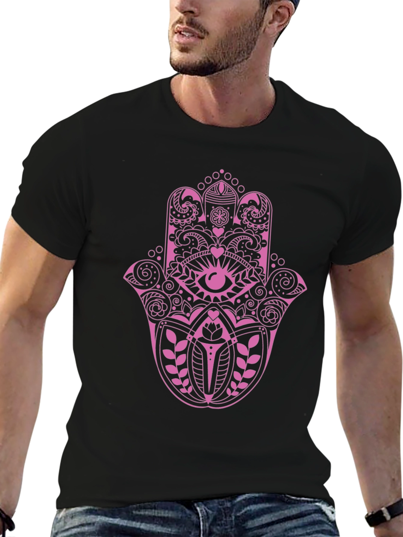 Hamsa Hand Graphic Tee - Pink on Black