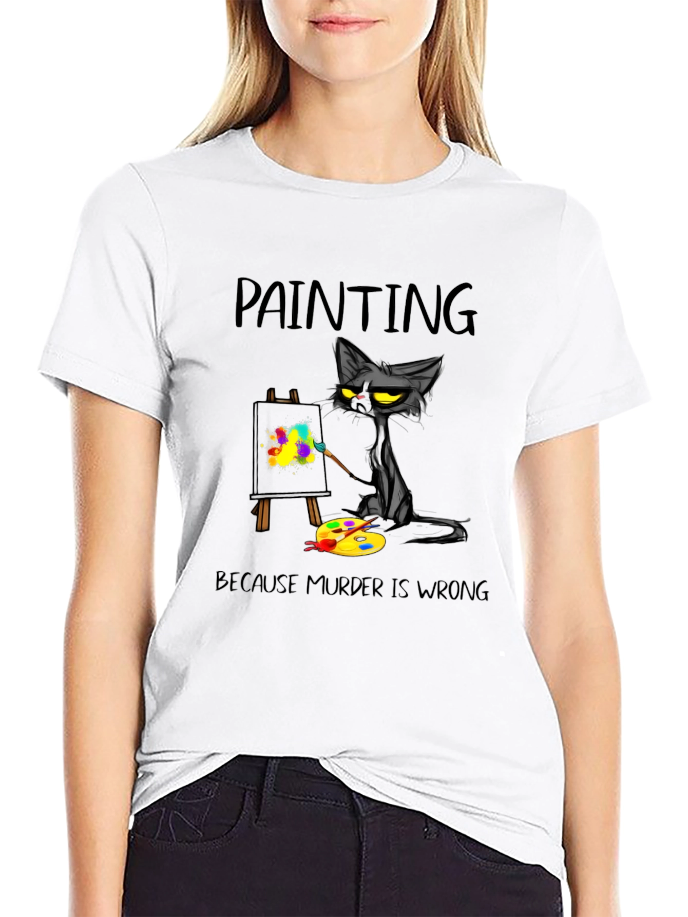 Painting Cat T-Shirt - Because Murder Is Wrong