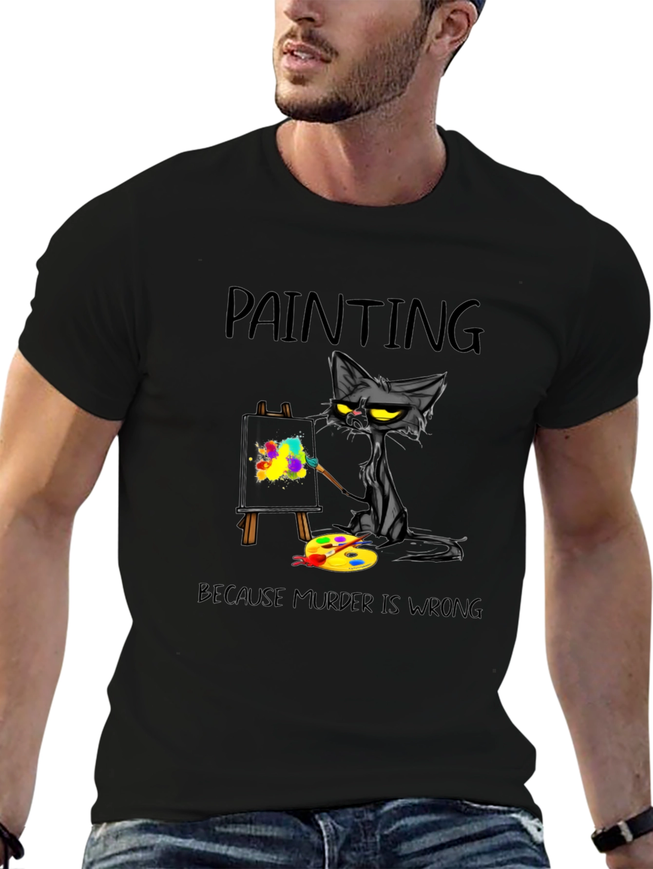 Painting Cat T-Shirt - Because Murder Is Wrong