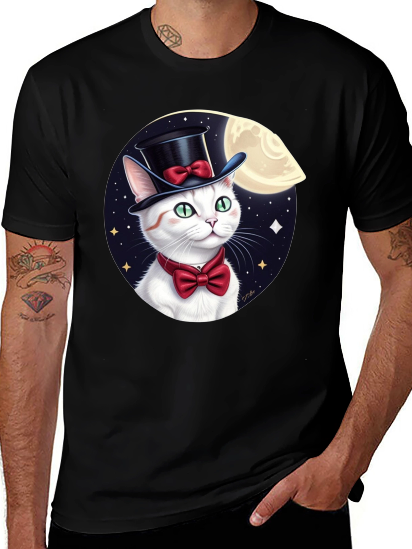 Dapper Cat T-Shirt: Moonlit Top Hat Bowtie