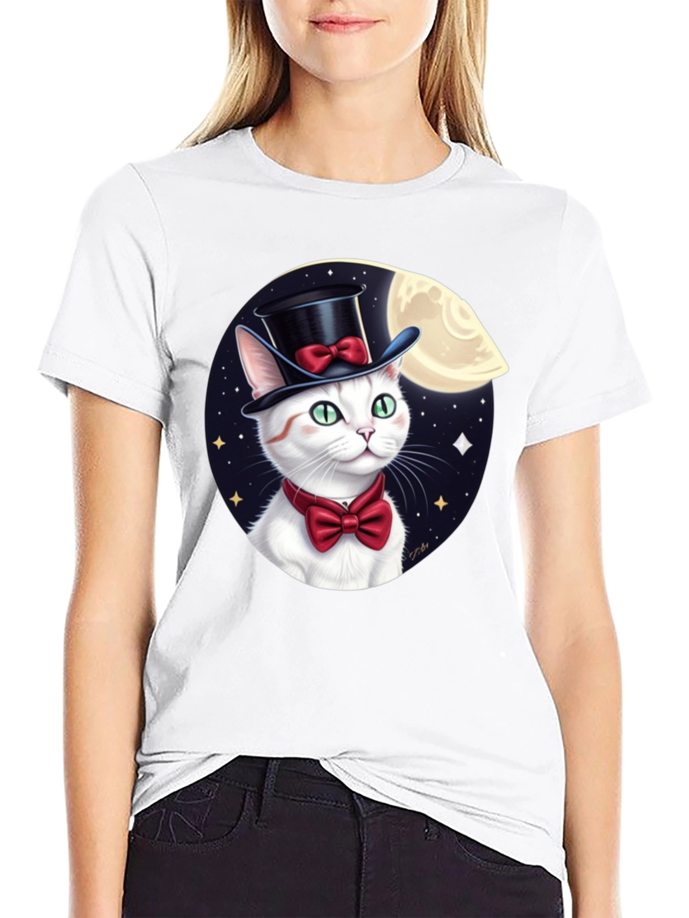 Dapper Cat T-Shirt: Moonlit Top Hat Bowtie