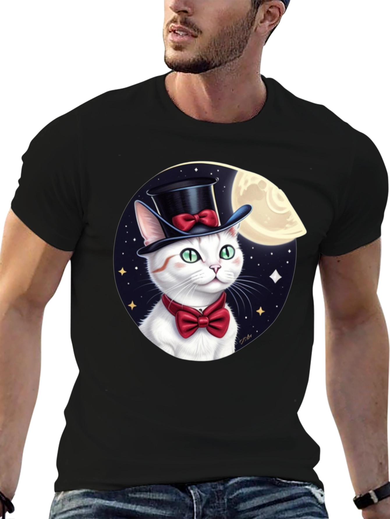 Dapper Cat T-Shirt: Moonlit Top Hat Bowtie