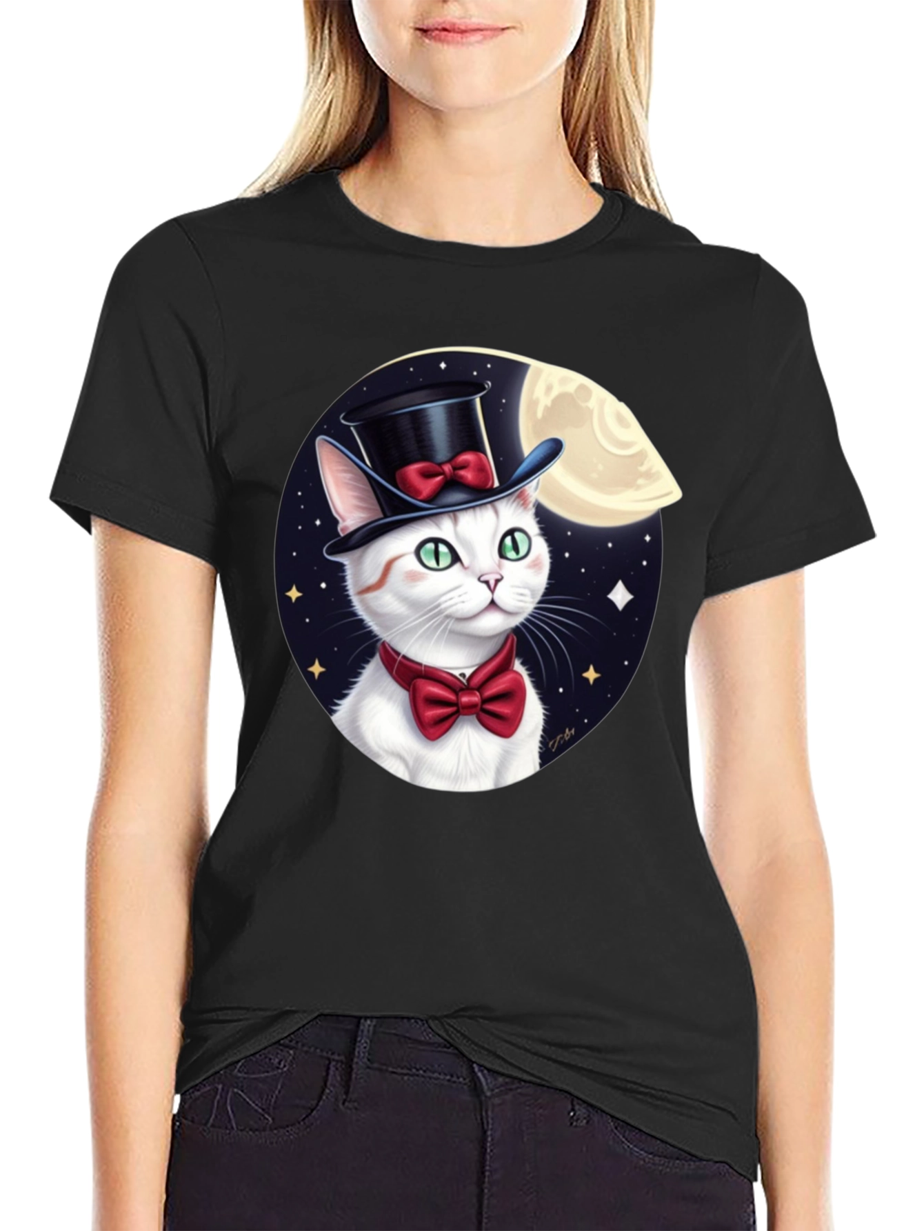 Dapper Cat T-Shirt: Moonlit Top Hat Bowtie