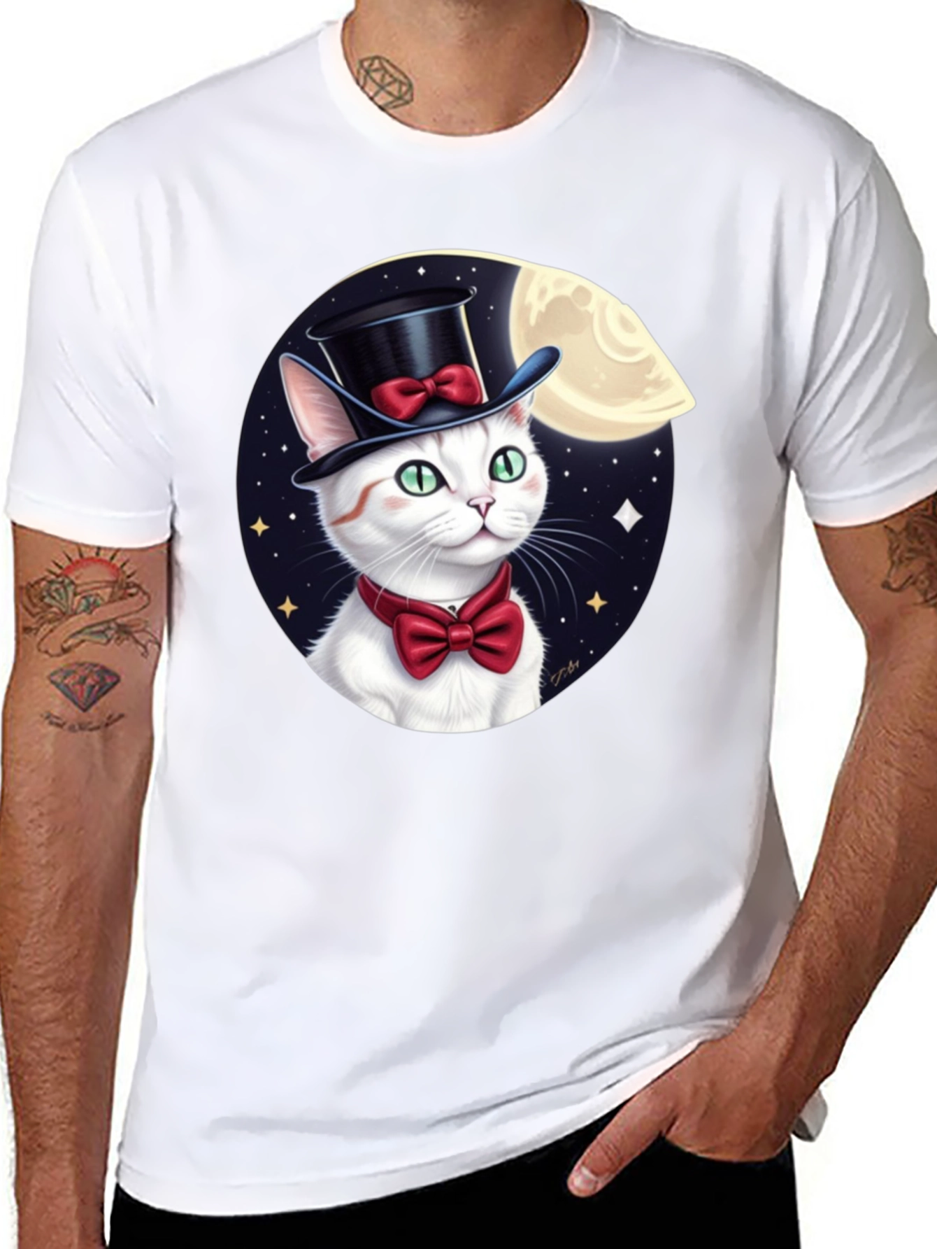 Dapper Cat T-Shirt: Moonlit Top Hat Bowtie