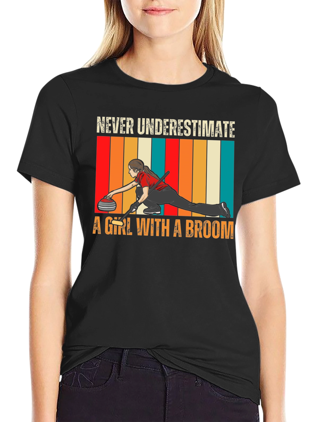 Curling Girl with Broom T-Shirt - Never Underestimate
