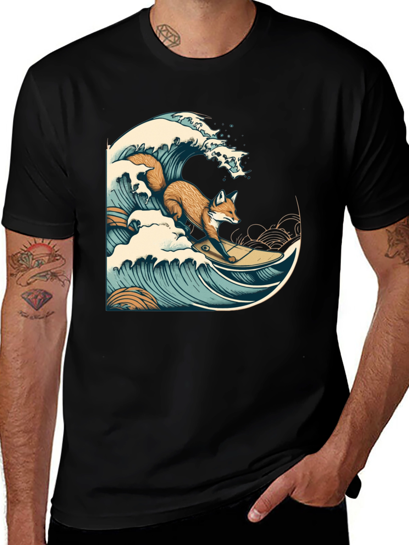 Surfing Fox Graphic Tee - Cool Wave Design