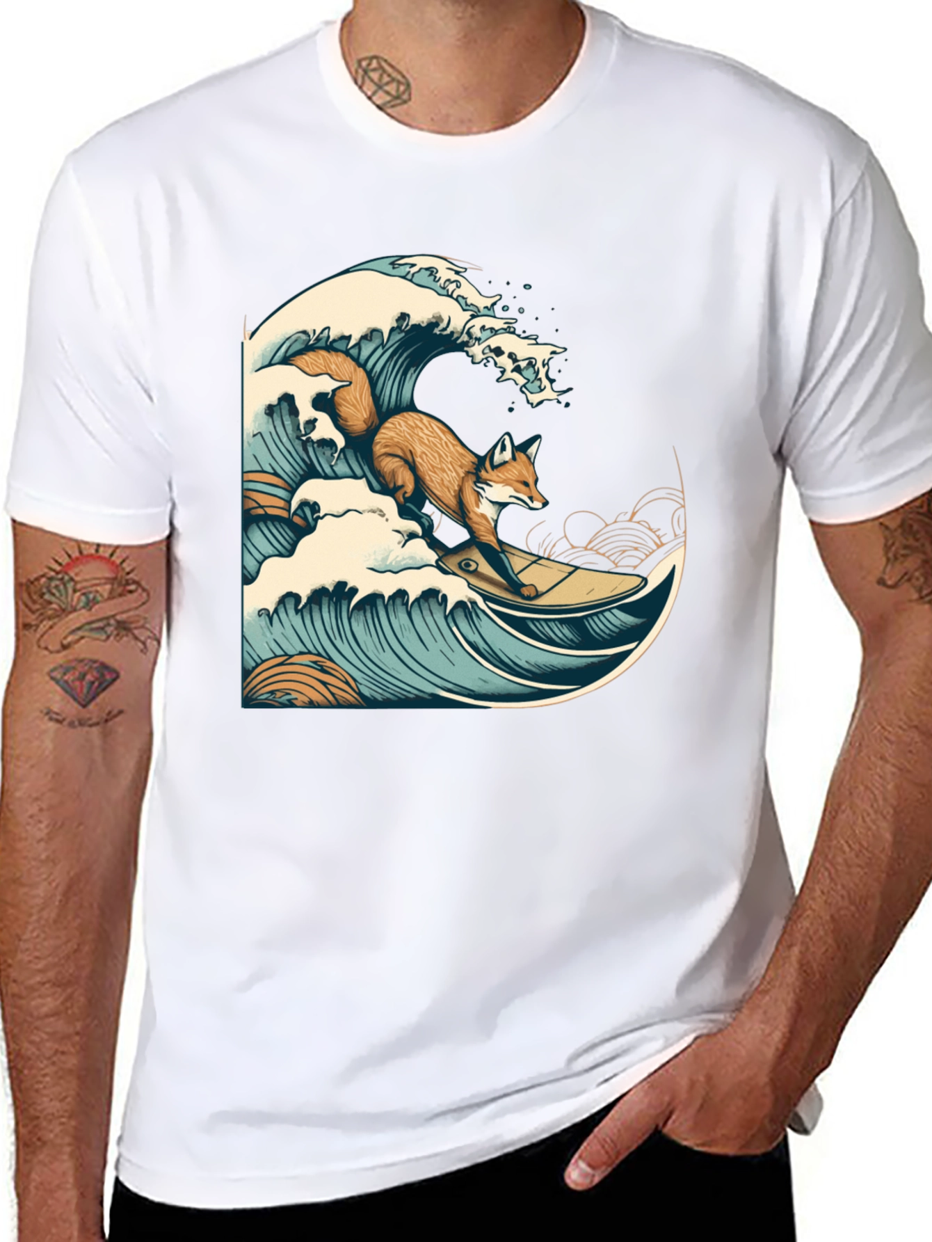 Surfing Fox Graphic Tee - Cool Wave Design