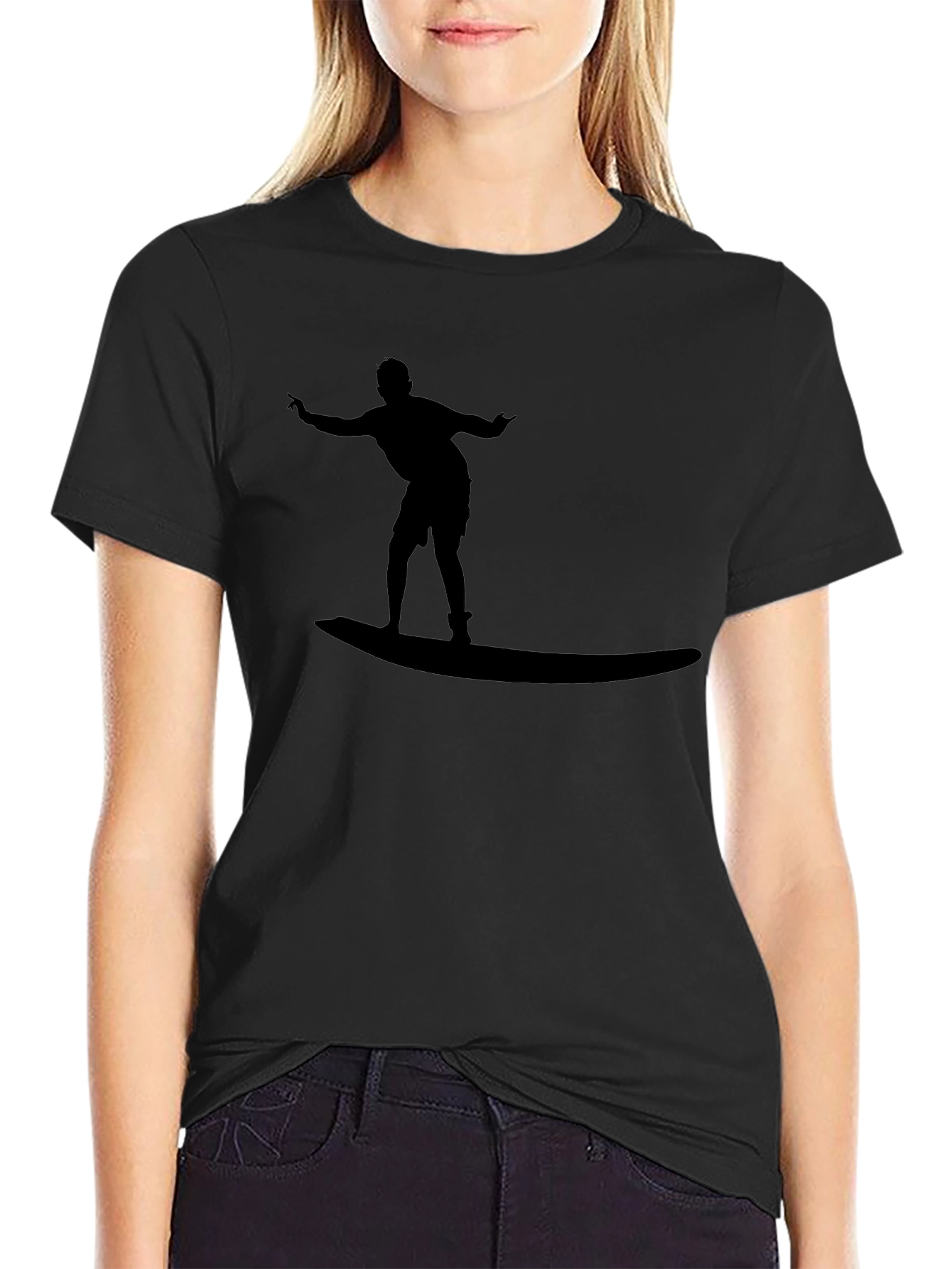 Surfer Silhouette Black Cotton Tee - Casual Style