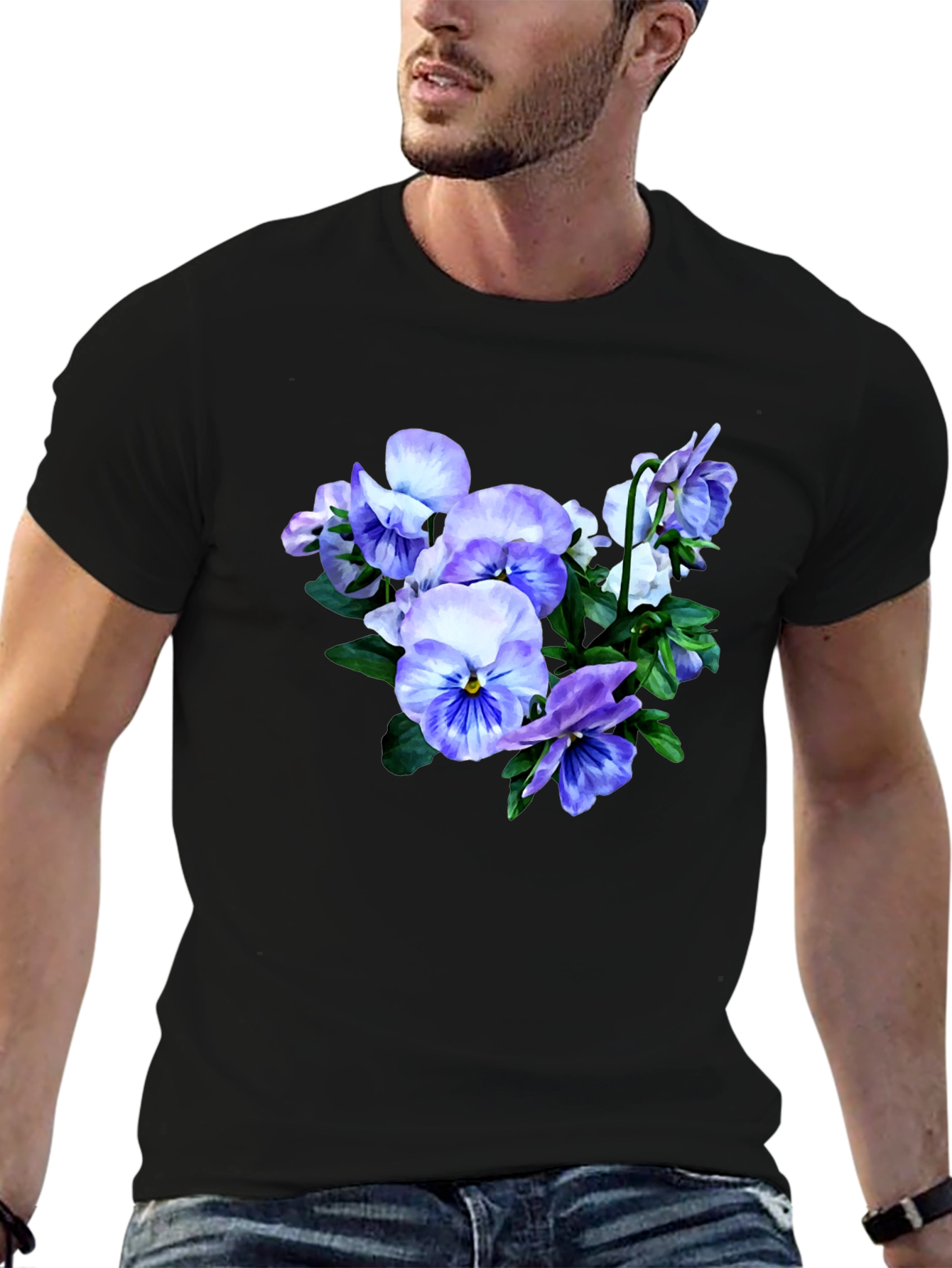 Floral T-Shirt with Pansies Black Cotton Tee