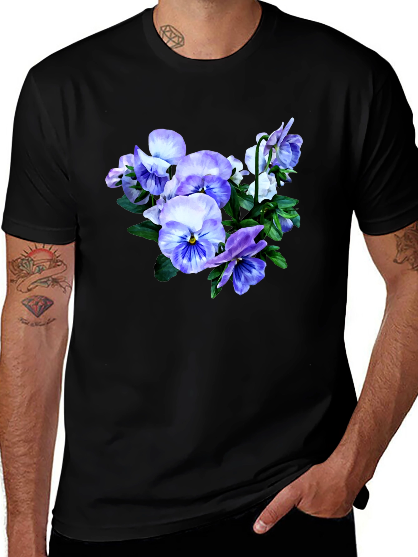 Floral T-Shirt with Pansies Black Cotton Tee