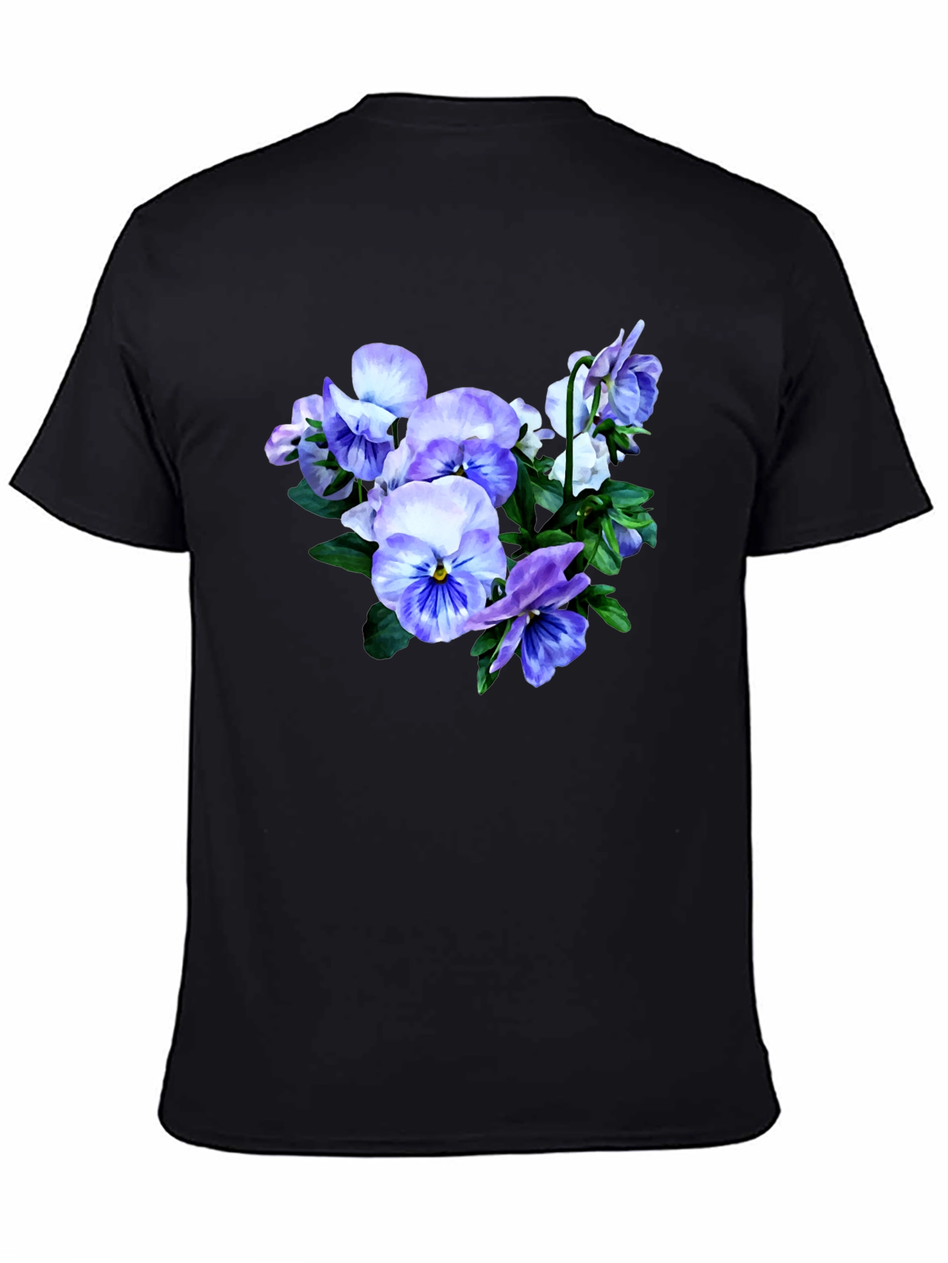Floral T-Shirt with Pansies Black Cotton Tee
