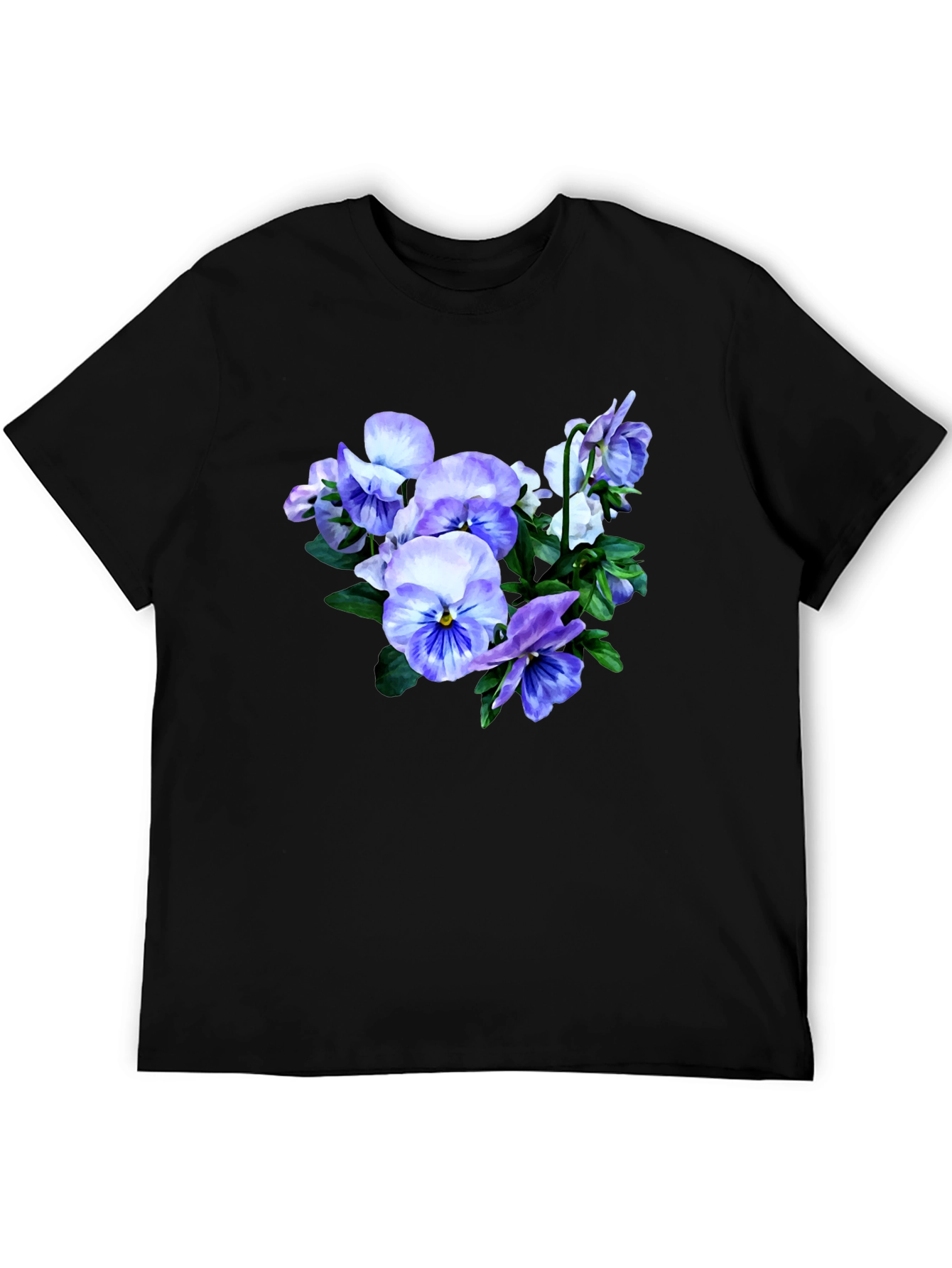 Floral T-Shirt with Pansies Black Cotton Tee