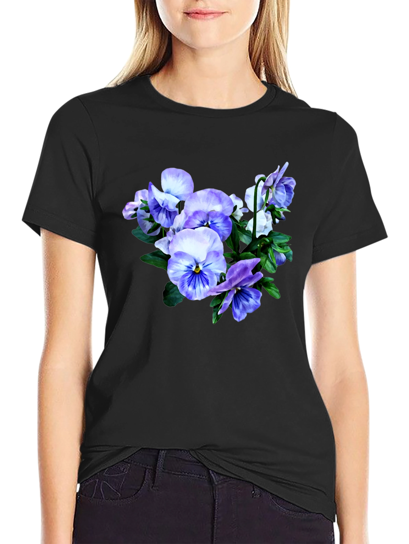 Floral T-Shirt with Pansies Black Cotton Tee